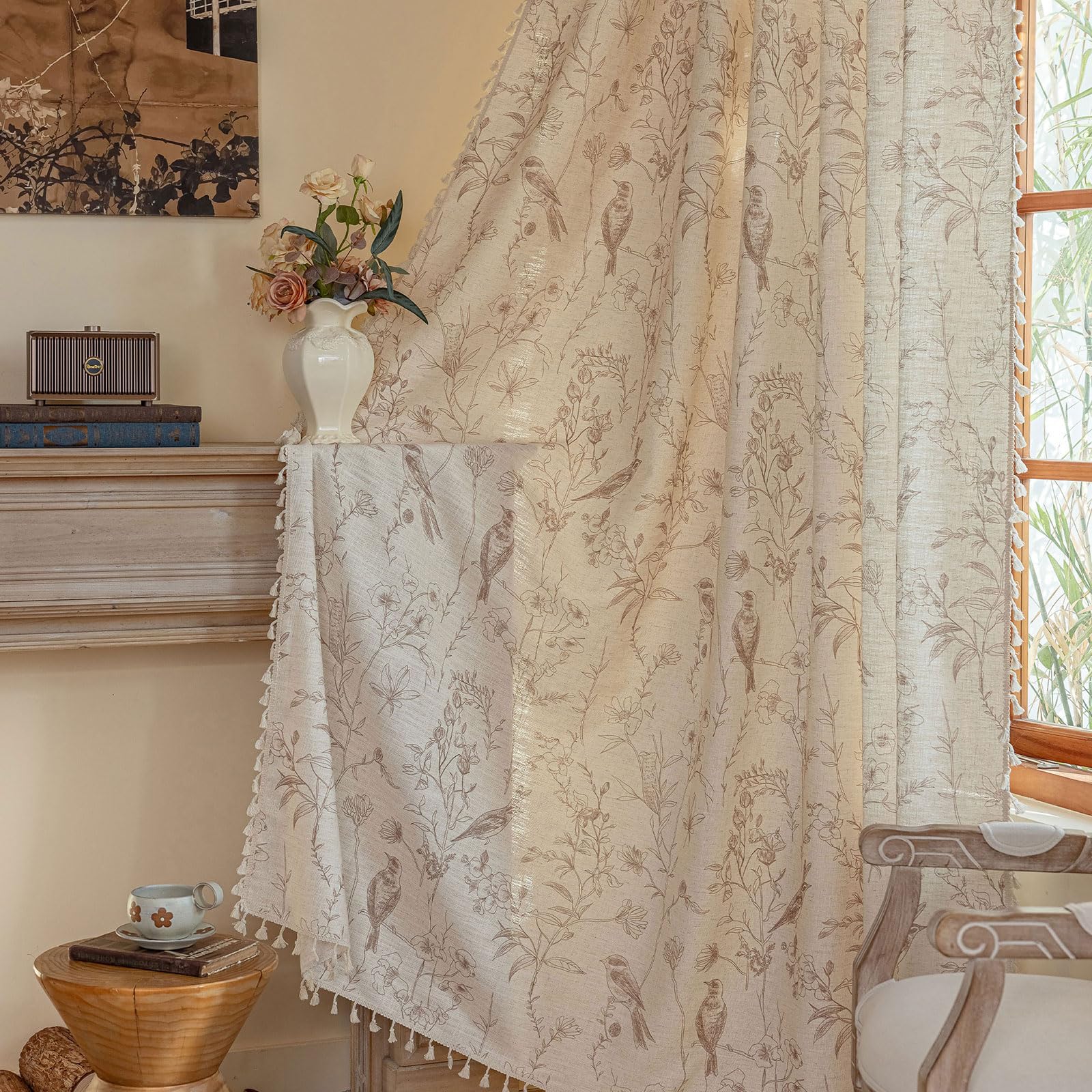 Green Boho Floral Curtains 84", 2 Panels Cotton Linen Semi-Blackout Drapes with Tassel