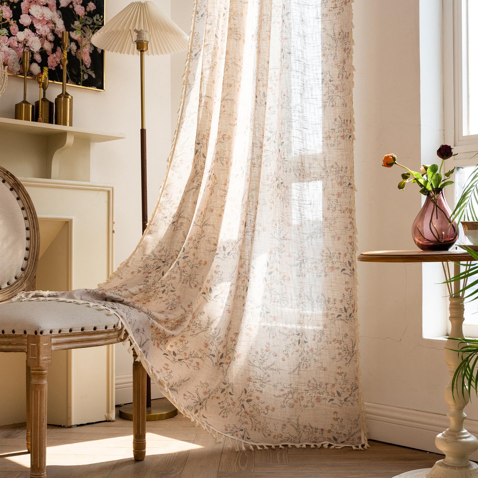 Green Boho Floral Curtains 84", 2 Panels Cotton Linen Semi-Blackout Drapes with Tassel
