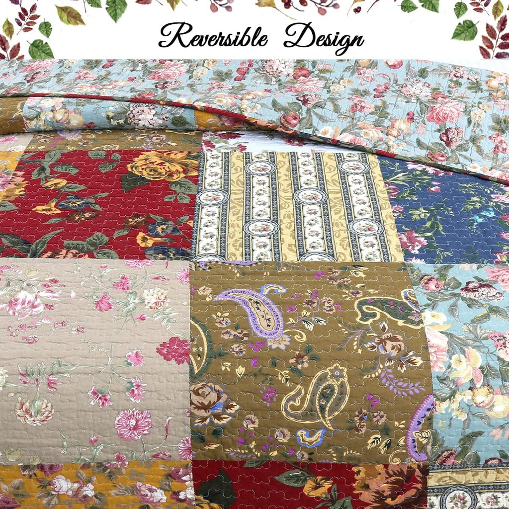 Khaki Red Farmhouse Patchwork Quilt Set, Queen Size 3-Piece Reversible Cotton Bedding