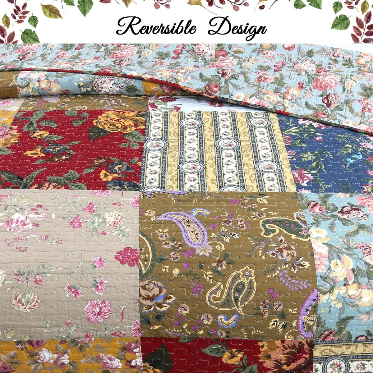 Khaki Red Farmhouse Patchwork Quilt Set, Queen Size 3-Piece Reversible Cotton Bedding