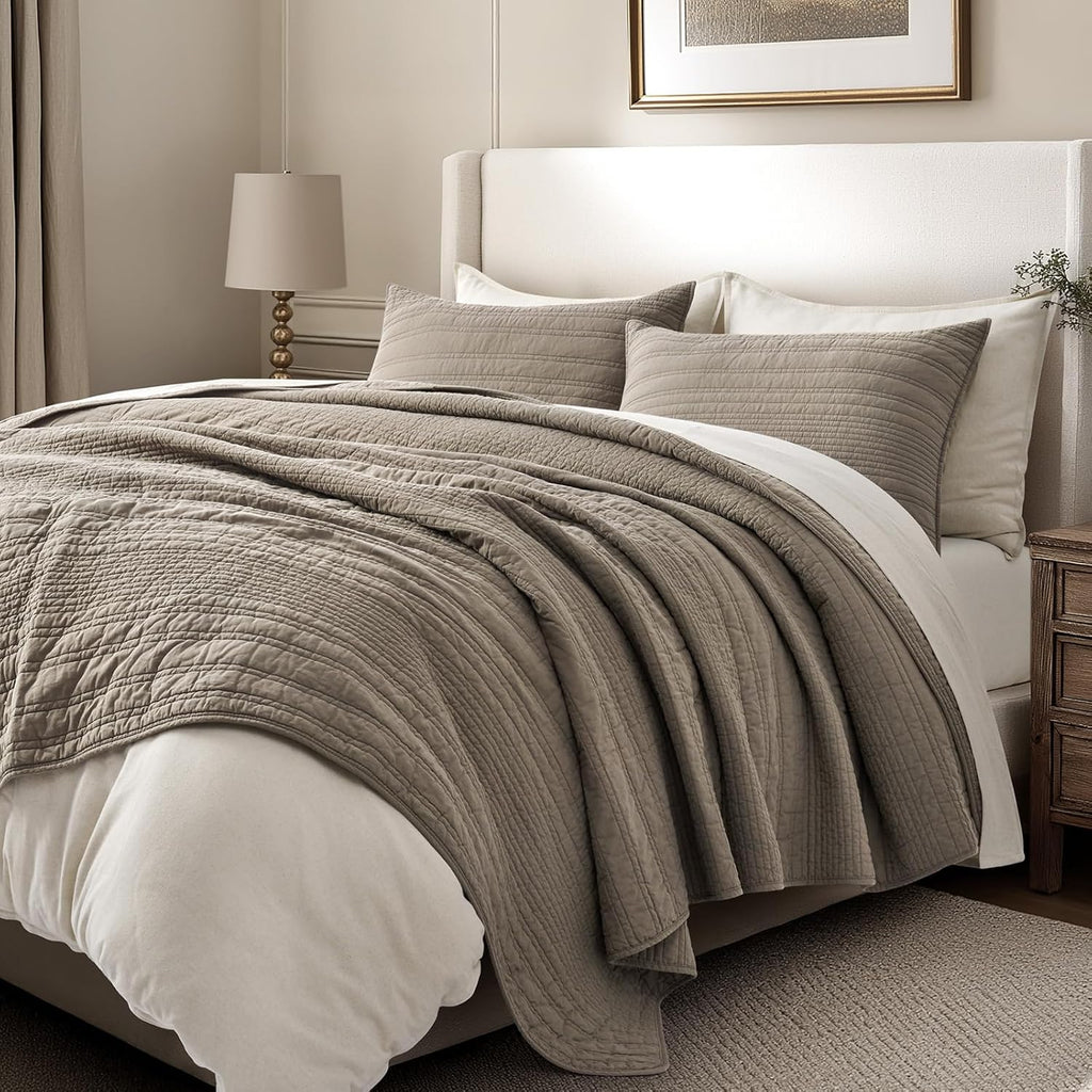EVERGRACEHOME 100% Cotton Modern Lines Quilt Set Queen Size, Pre-Washed Soft Striped Coverlet Bedspread, 3 Piece Lightweight Bedding Set for All Season, with 2 Pillow Shams, Stone Taupe