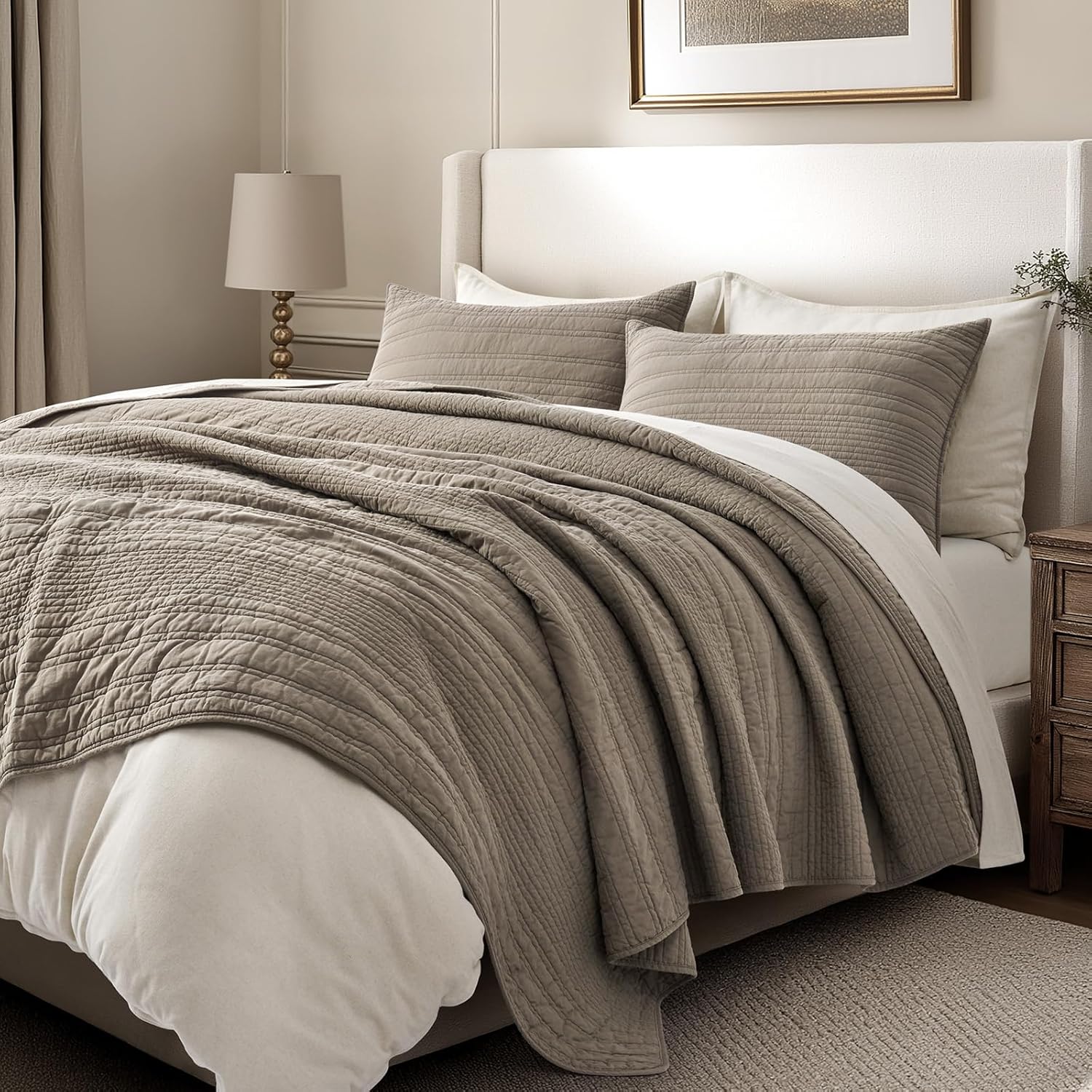 EVERGRACEHOME 100% Cotton Modern Lines Quilt Set Queen Size, Pre-Washed Soft Striped Coverlet Bedspread, 3 Piece Lightweight Bedding Set for All Season, with 2 Pillow Shams, Stone Taupe