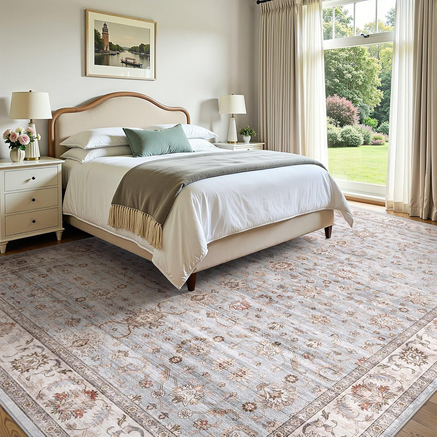 WITSHOCK 10x14 Area Rugs Living Room: Washable Large Neutral Vintage Soft Rug Stain Resistant Non-Slip Farmhouse Indoor Low Pile Floor Carpet for Bedroom Nursery Kids Office- Light Blue