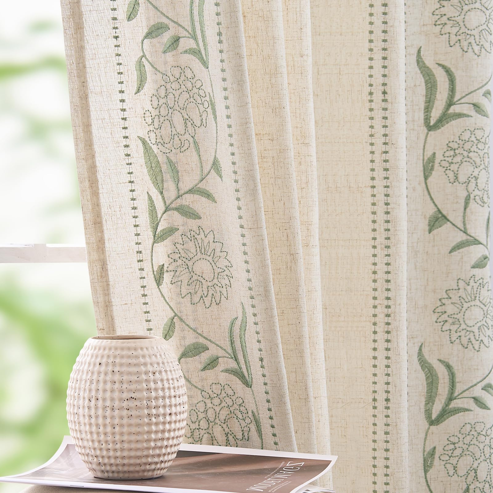 jinchan Winslow Linen Curtains for Bedroom 84 Inches Length Embroidered Bordered Floral Curtains for Living Room Farmhouse Decor Light Filtering Window Treatments Blue on Beige Drapes 2 Panels