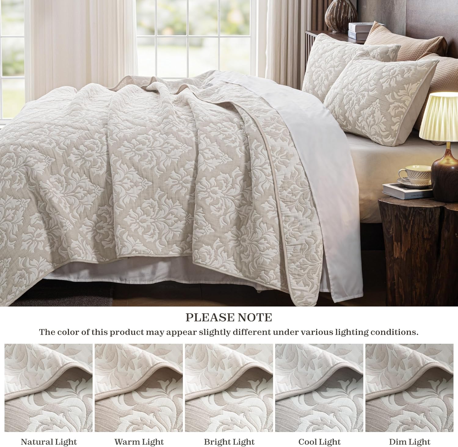 Exclusivo Mezcla Cotton Quilts Queen Size Beige, Soft Lightweight Bedspread Breathable Prewashed Bed Coverlet with 2 Pillow Shams, Boho Pattern Yarn Dyed Muslin Quilt Bedding Set for All Seasons