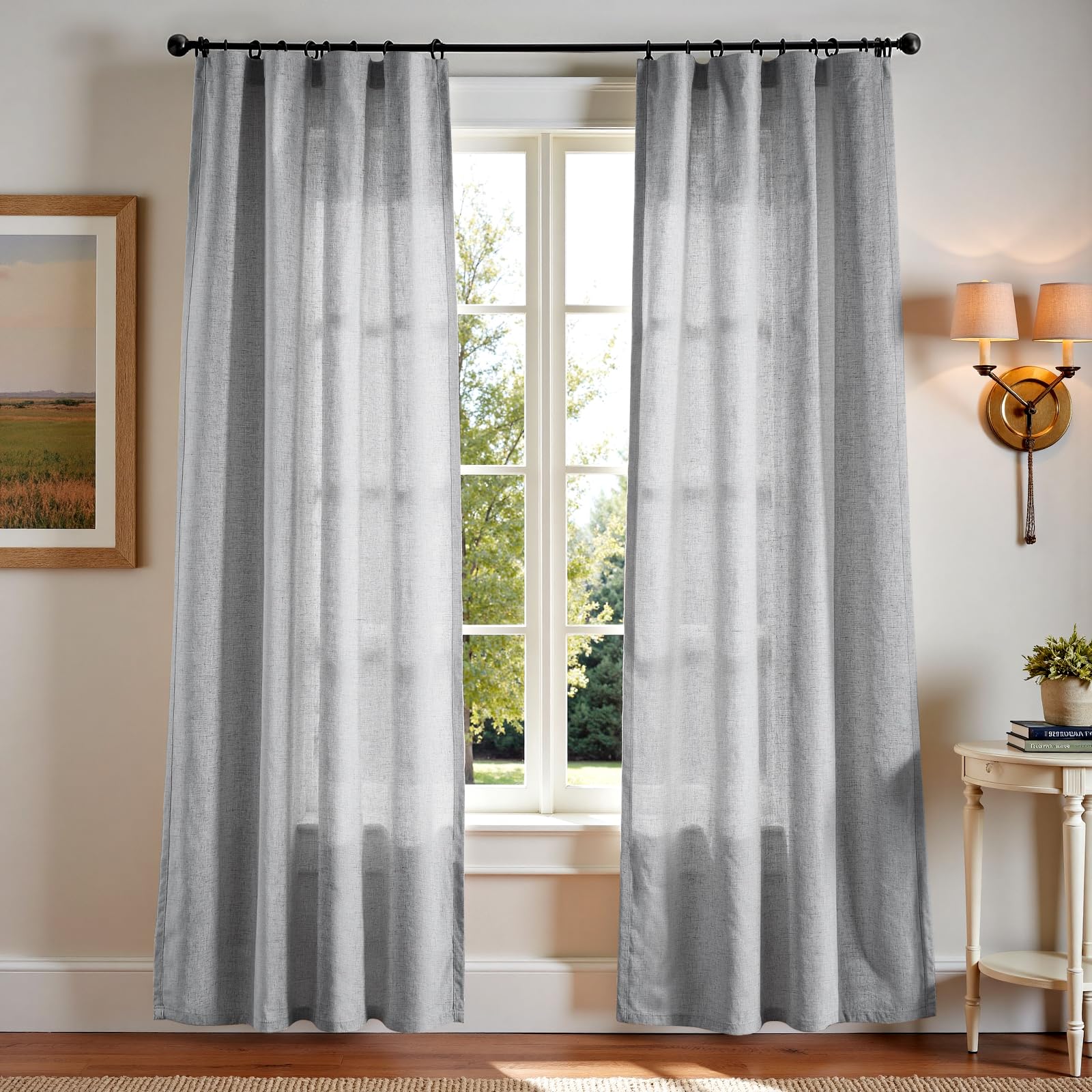 Linen Curtains for Living Room Bedroom 84 Inches Long Thick Linen Textured Beige Curtains Light Filtering Natural Semi Sheer Farmhouse Window Drapes, Country Rustic Drapes 2 Panels Back Tab/Rod Pocket