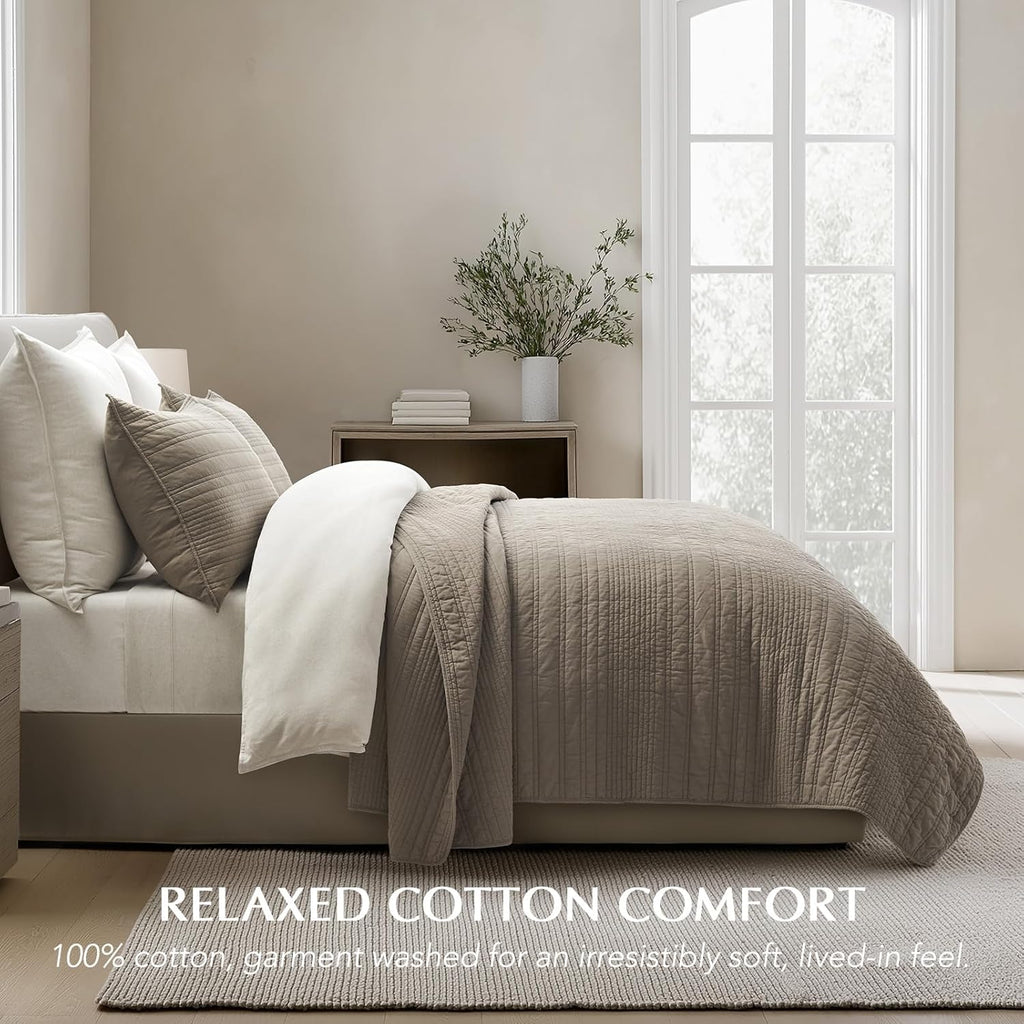EVERGRACEHOME 100% Cotton Modern Lines Quilt Set Queen Size, Pre-Washed Soft Striped Coverlet Bedspread, 3 Piece Lightweight Bedding Set for All Season, with 2 Pillow Shams, Stone Taupe