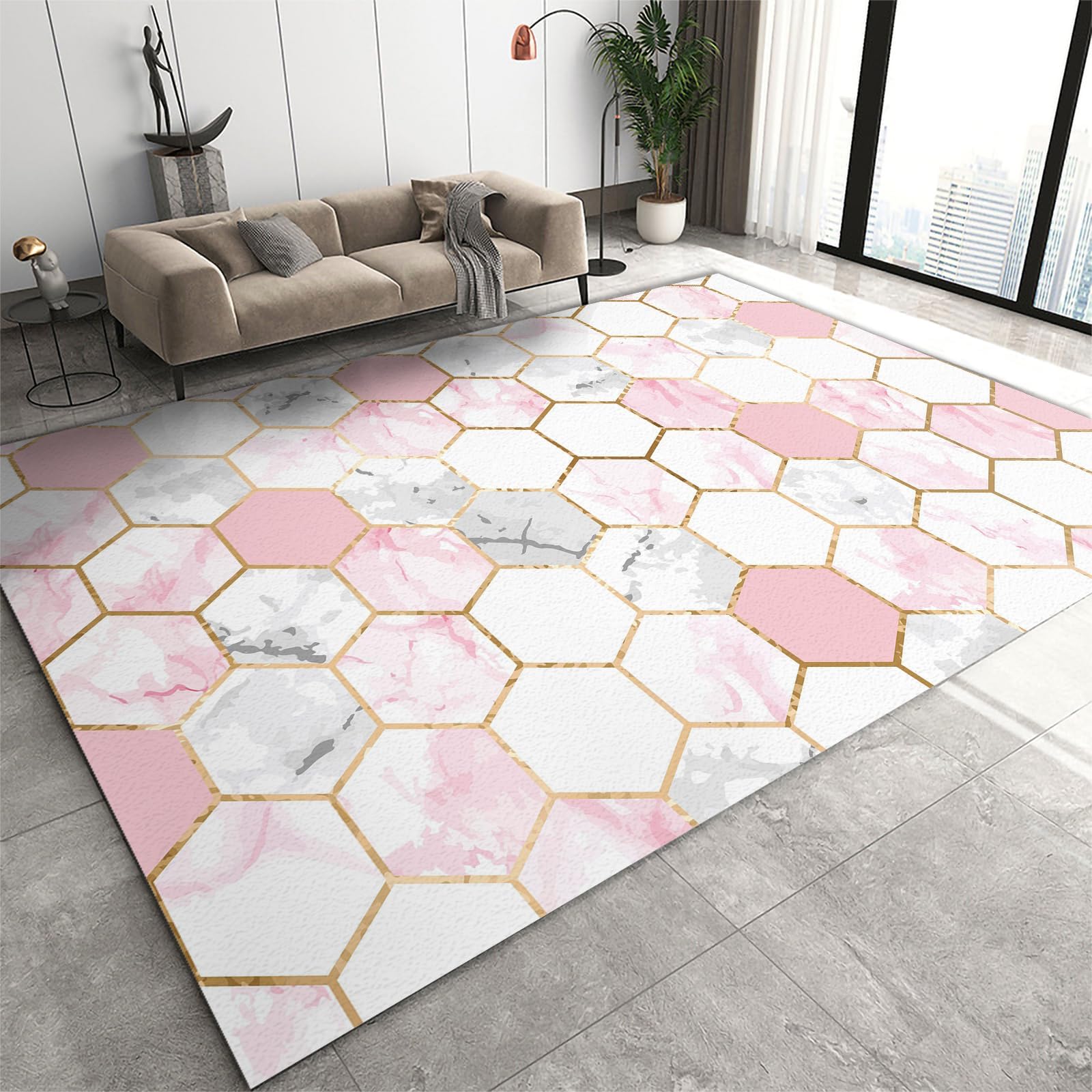 3x5 Rug Minimalist Light Luxury Washable Rugs, Nordic Marble Irregular Geometry Bedroom Rugs with Non Slip Backing for Bedroom Hotel Hardwood Floors Garage Farmhouse