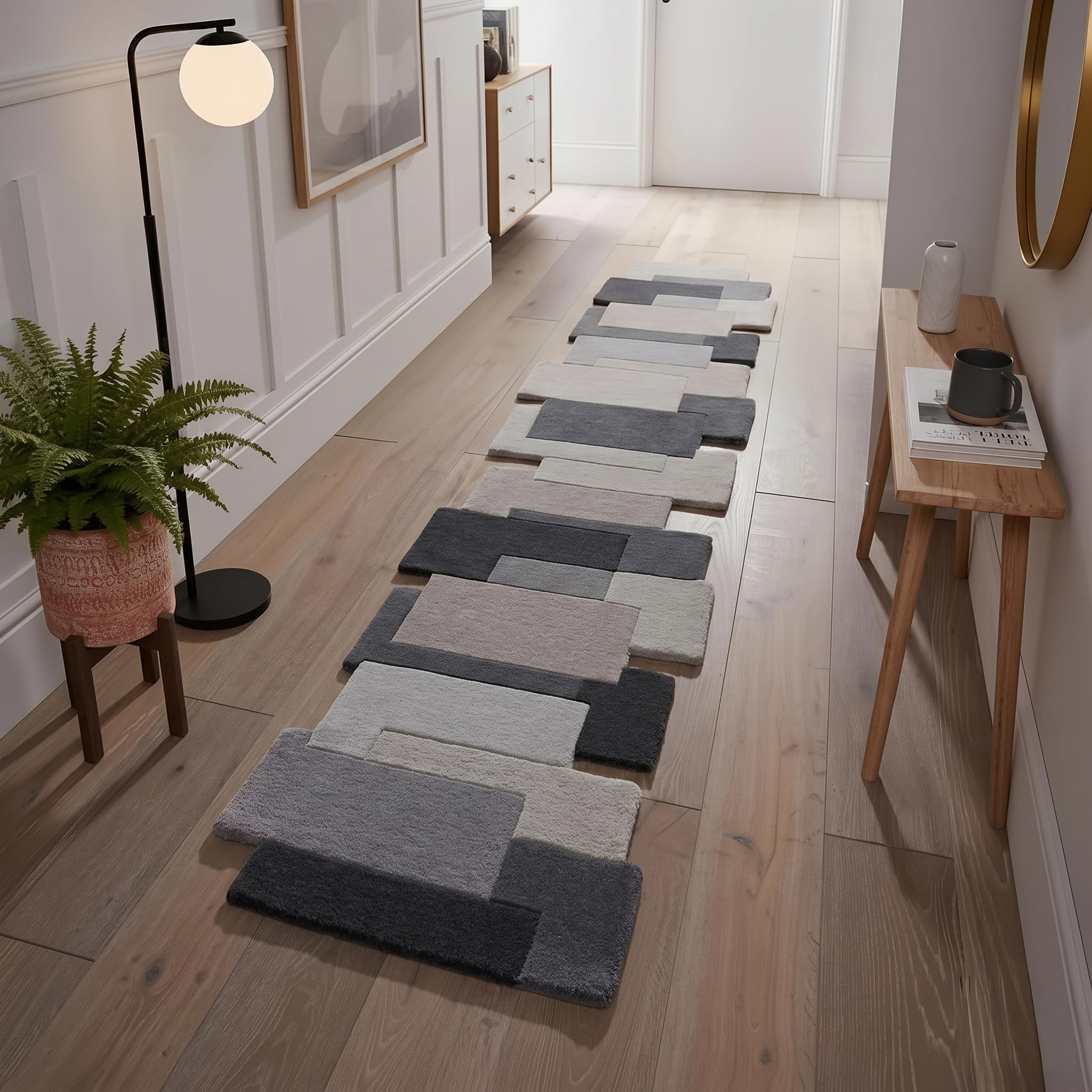 Restoration and Renovation Multi-Color Wool Runner Rug 2.6' x 8' – Handmade, Irregular Block Pattern, Artistic Geometric Design Carpet for Living Room, Bedroom, Kitchen & Home Decor
