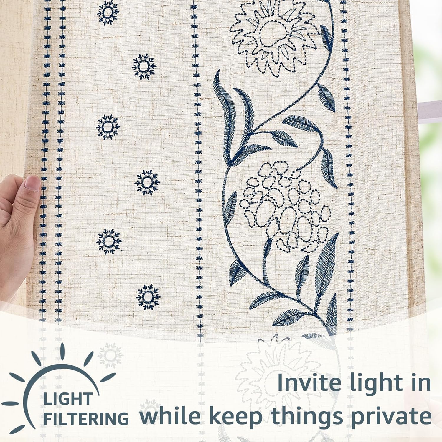 jinchan Winslow Linen Curtains for Bedroom 84 Inches Length Embroidered Bordered Floral Curtains for Living Room Farmhouse Decor Light Filtering Window Treatments Blue on Beige Drapes 2 Panels