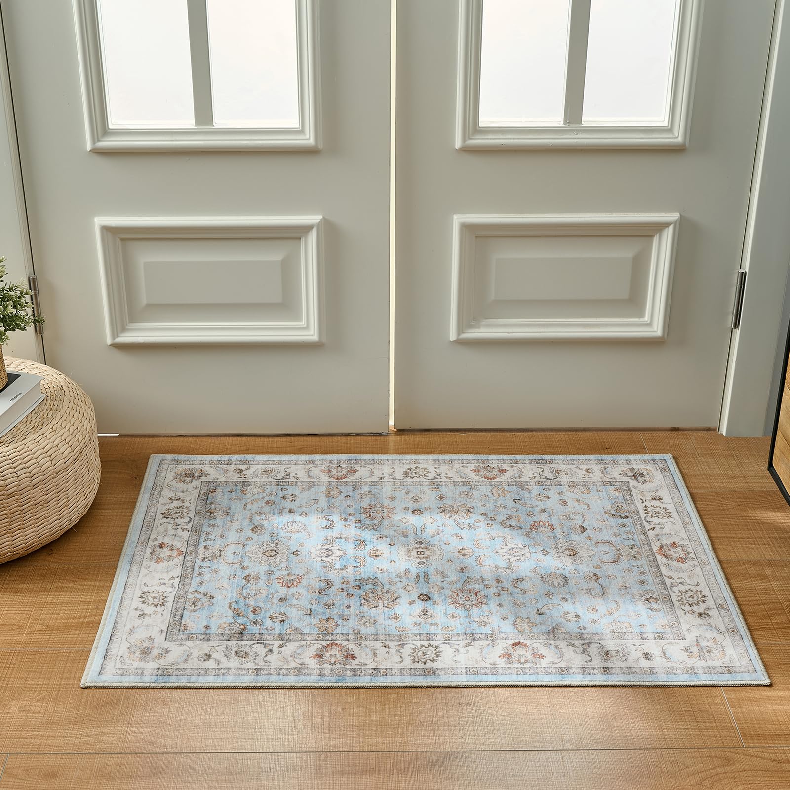 WITSHOCK 10x14 Area Rugs Living Room: Washable Large Neutral Vintage Soft Rug Stain Resistant Non-Slip Farmhouse Indoor Low Pile Floor Carpet for Bedroom Nursery Kids Office- Light Blue
