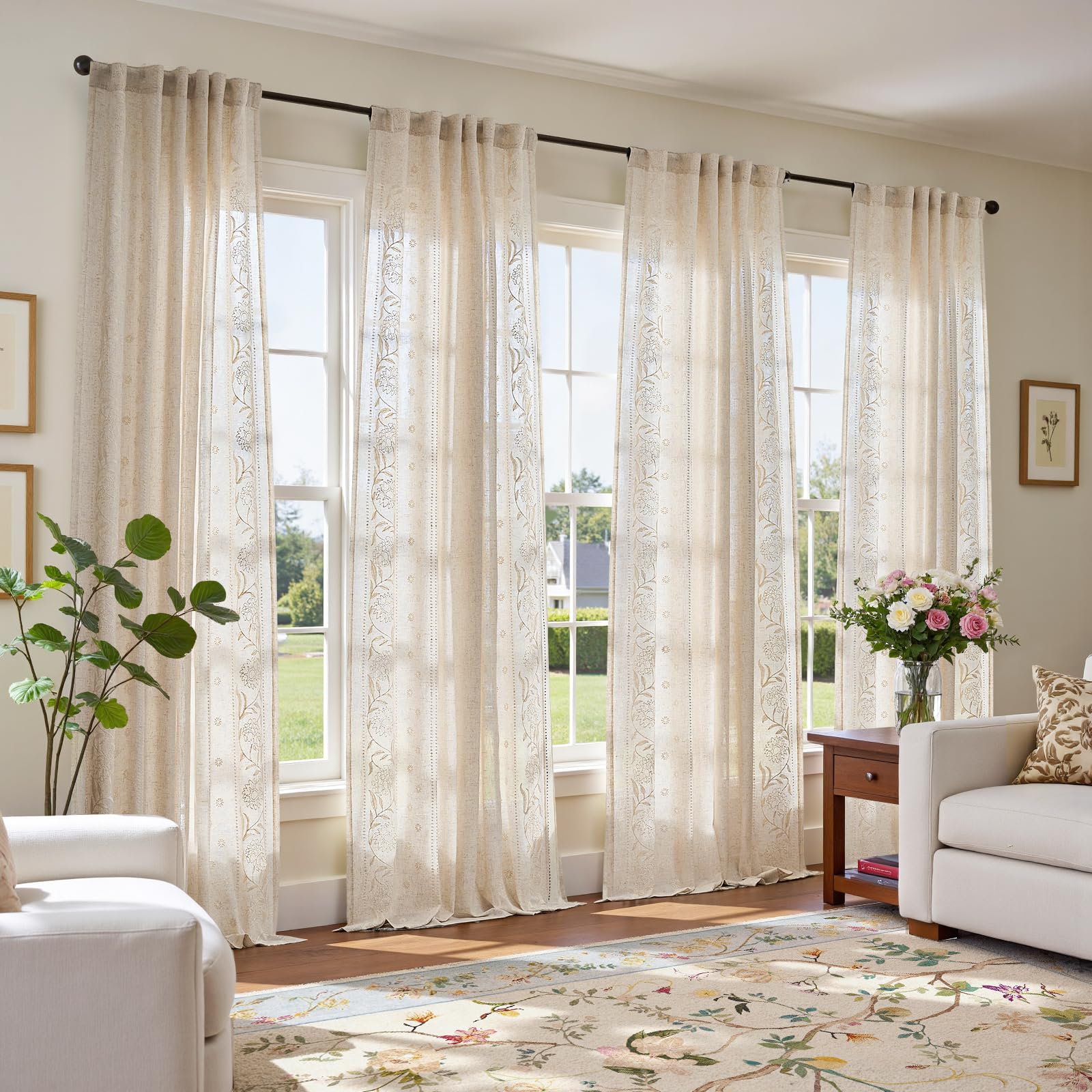 jinchan Winslow Linen Curtains for Bedroom 84 Inches Length Embroidered Bordered Floral Curtains for Living Room Farmhouse Decor Light Filtering Window Treatments Blue on Beige Drapes 2 Panels