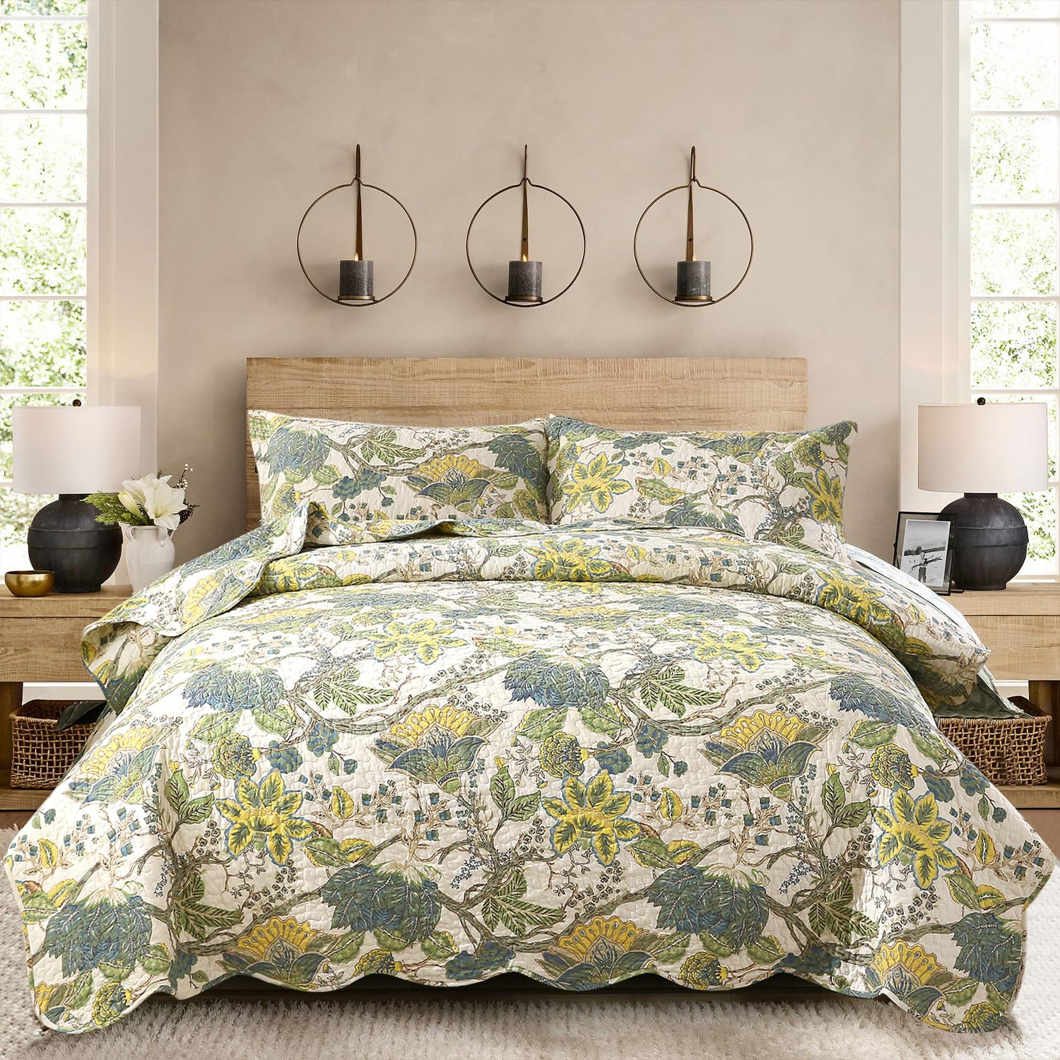 DURLENGEN Forest 100% Cotton Queen Quilt 3Pcs,Bohemian Reversible Leaves & Flowers Pattern on White, Luxury Lightweight Coverlet Sets for All Season(Queen 90x96,Forest)