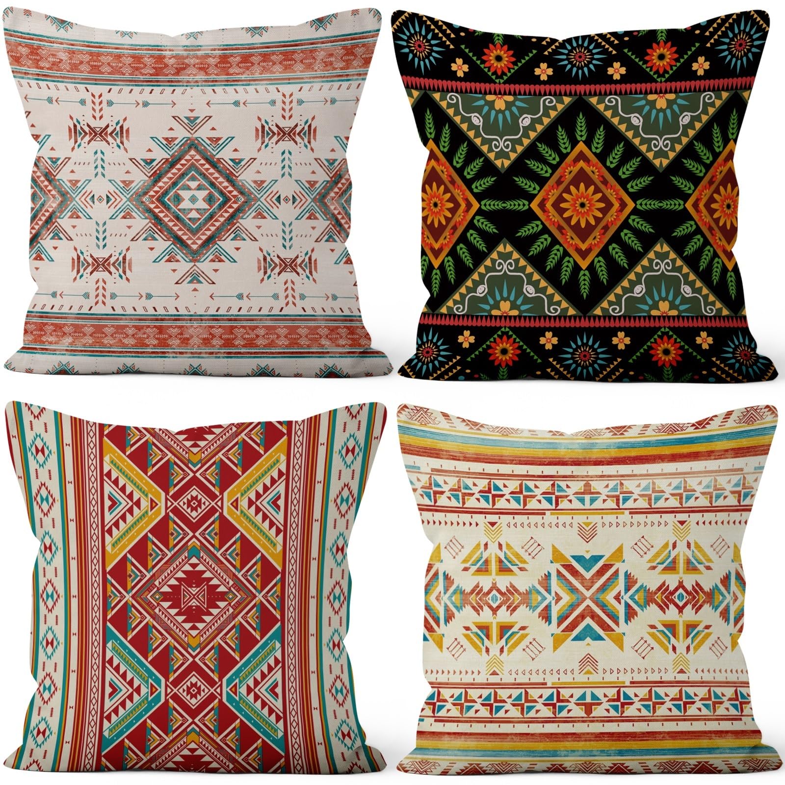 4 Pcs/Set Geometric Pillow Covers Boho Abstract Strips Patchwork Color Geometric Ethnic Colorful Vintage Artwork Linen Throw Cushion Cases for Couch Sofa Bedroom Decorative, 22"x22"
