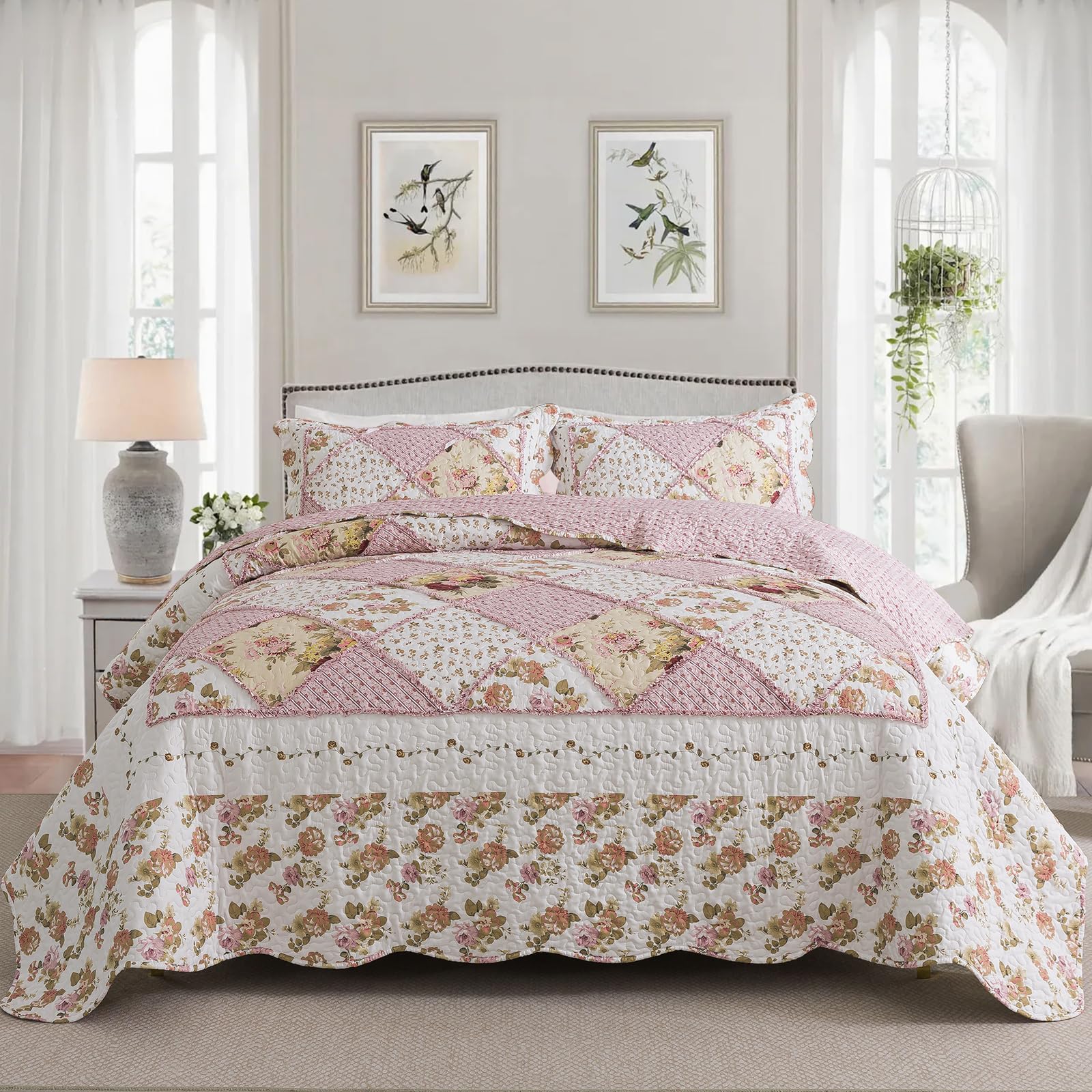 NEWLAKE Quilt Set Queen Size, 100% Cotton Patchwork Green Bohemian Quilt Sets, Reversible Bedspread Lightweight and Breathable for All Seasons, Soft Quilted Bedspread with 2 Pillow Shams