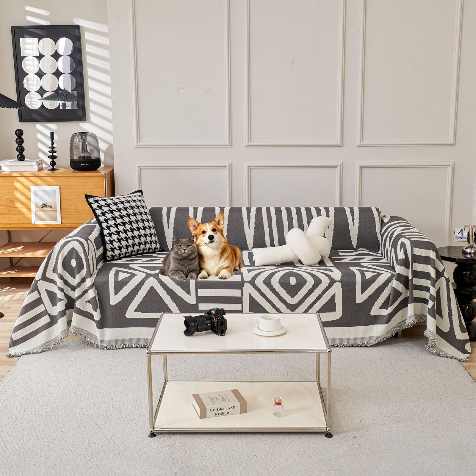 VClife Boho Couch Cover, Washable Sofa Cover for Dog, Non Slip Couch Covers for 3 Cushion Couch, Modern Khaki Creamy White Geometric Sofa Slipcovers Multi-Functional Furniture Protector 71'' x 134''