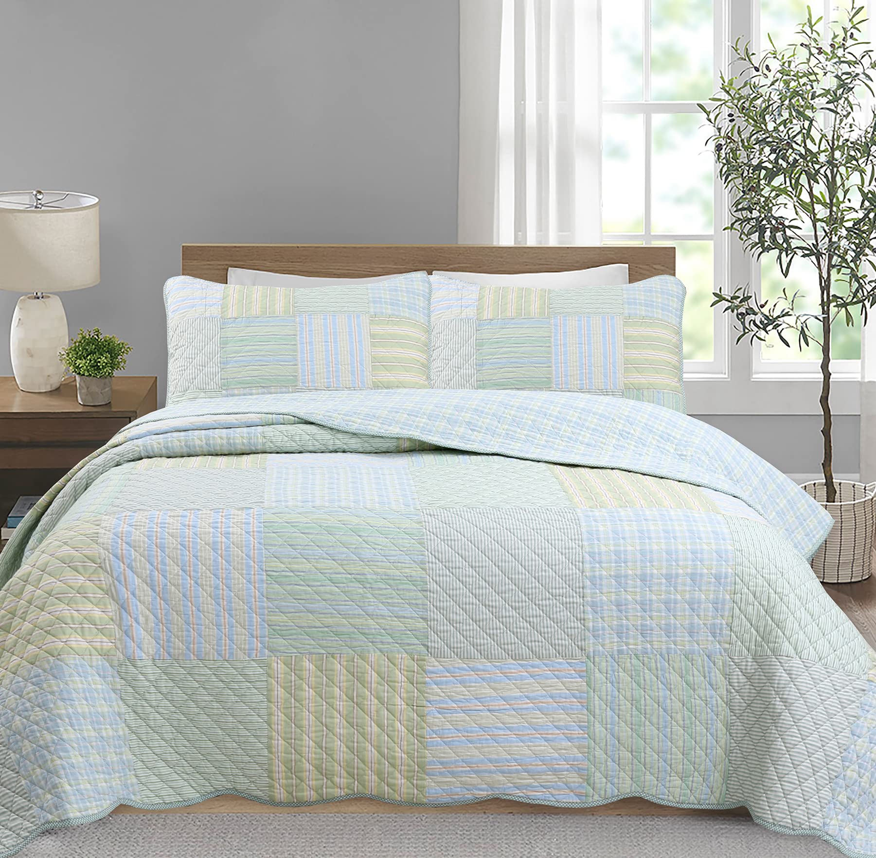 Cozy Line Home Fashions 100% Cotton Reversible Quilt Bedding Set, Classic Taupe Tan Striped Patchwork All-Season Coverlet Bedspread (Winter Plains, Queen-3 Piece)