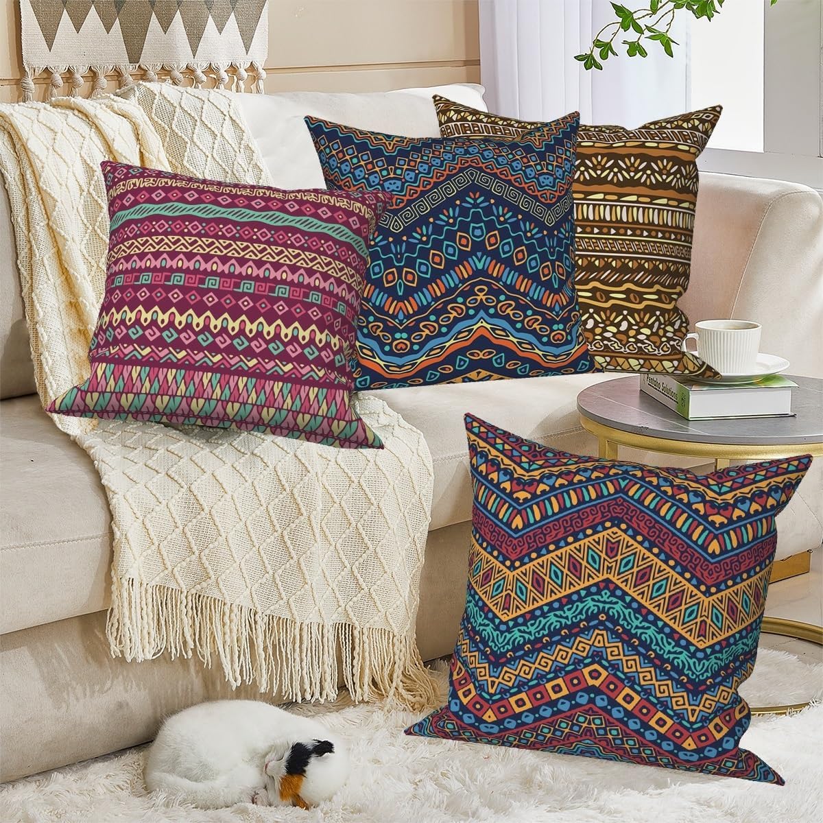 4 Pcs/Set Geometric Pillow Covers Boho Abstract Strips Patchwork Color Geometric Ethnic Colorful Vintage Artwork Linen Throw Cushion Cases for Couch Sofa Bedroom Decorative, 22"x22"
