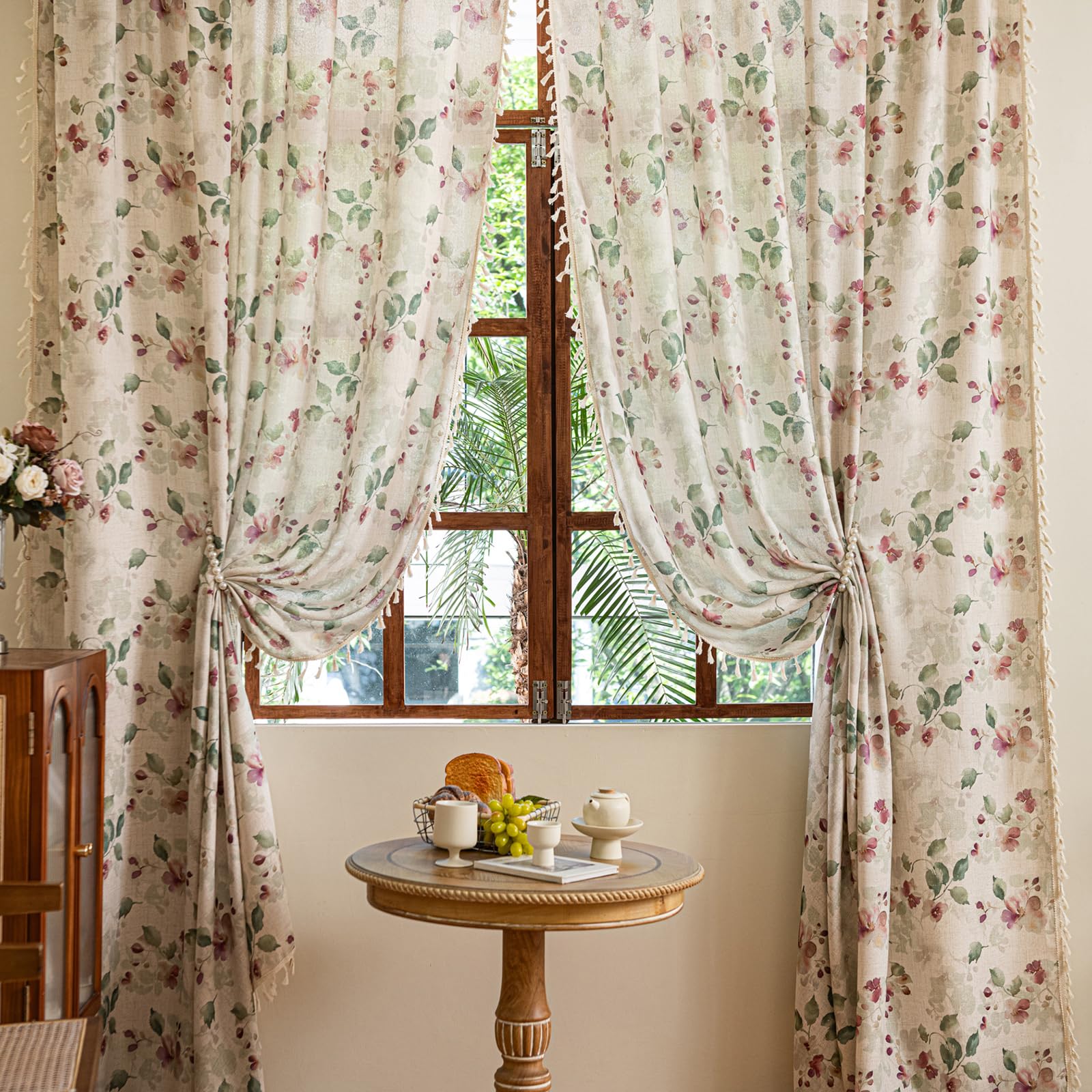 Green Boho Floral Curtains 84", 2 Panels Cotton Linen Semi-Blackout Drapes with Tassel