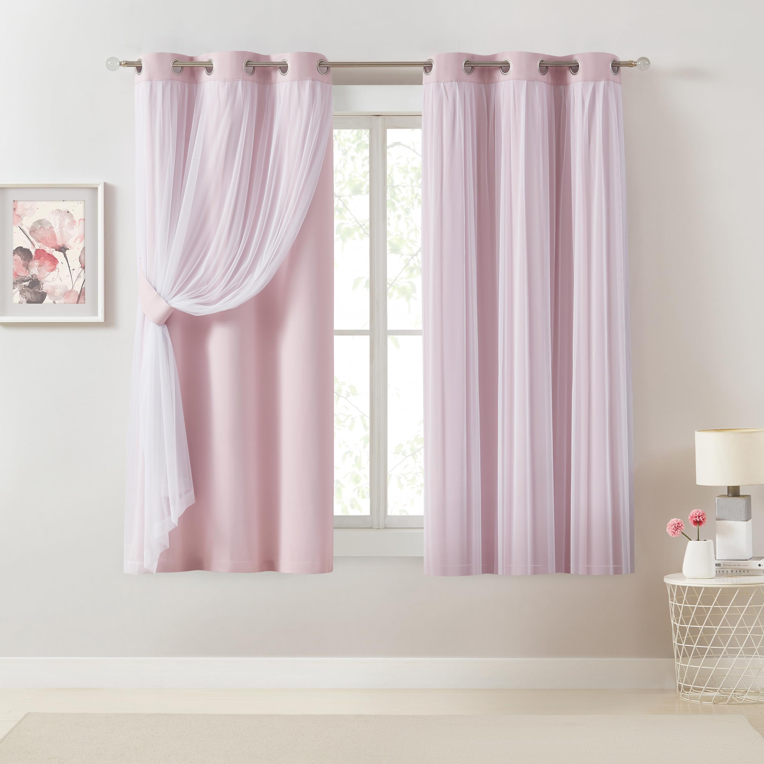 Bujasso Beige 90% Blackout Curtains with Sheer Overlay Mix and Match Double Layer Thermal Insulated Window Panels 84 inch for Living Room Bedroom Beige Drapes with Tiebacks Grommet Top 37" Wx84 Lx2
