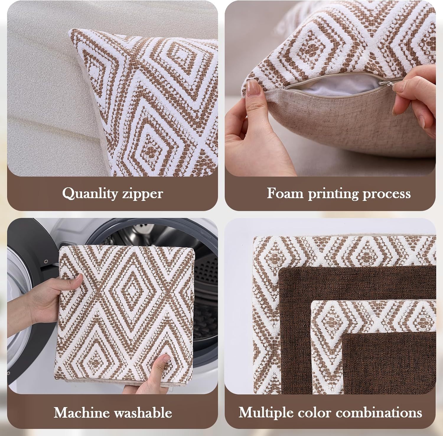HPUK Decorative Throw Pillow Covers Set of 4 Geometric Design Linen Cushion Cover for Couch Sofa Living Room, 18"x18" inches, Chocolate