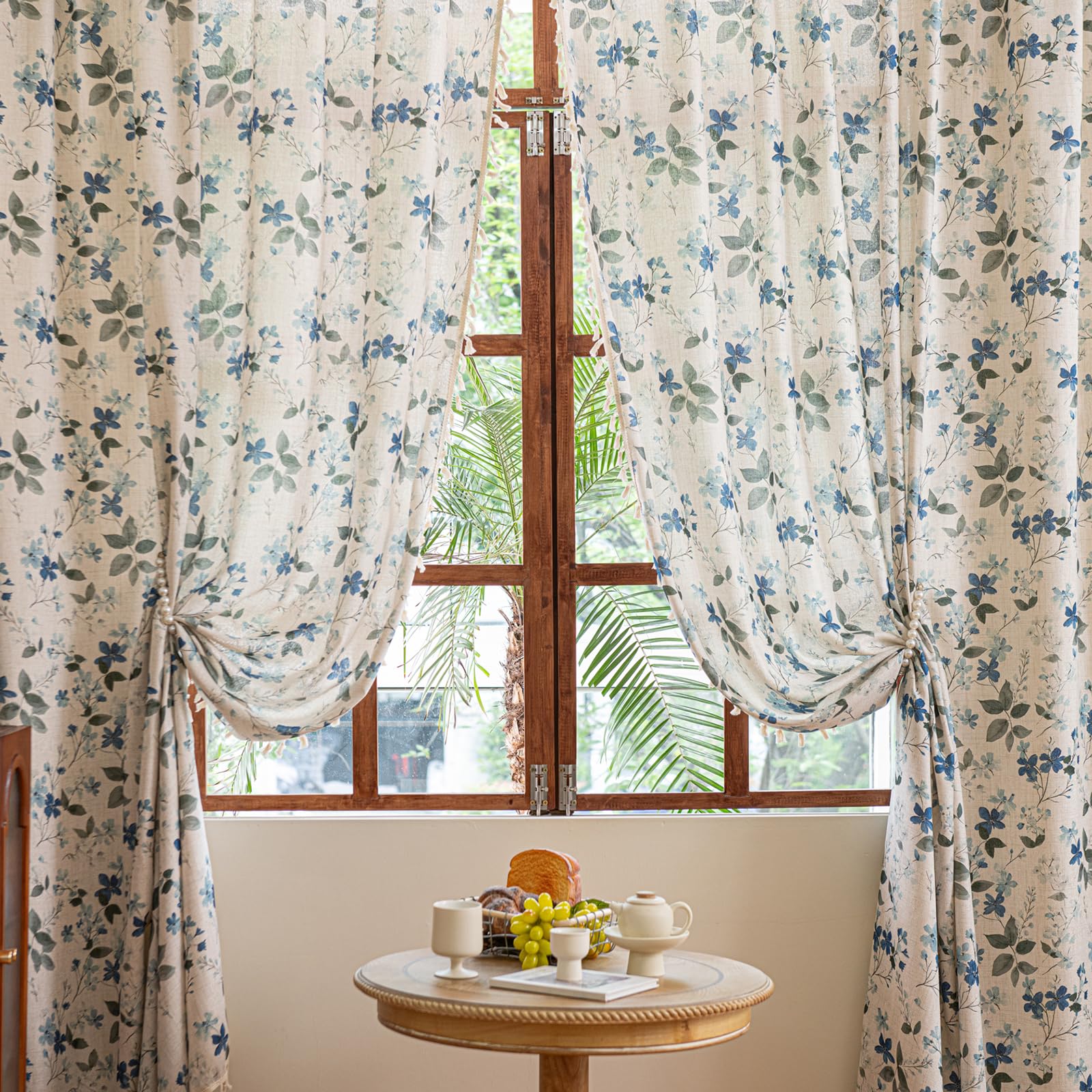 Green Boho Floral Curtains 84", 2 Panels Cotton Linen Semi-Blackout Drapes with Tassel