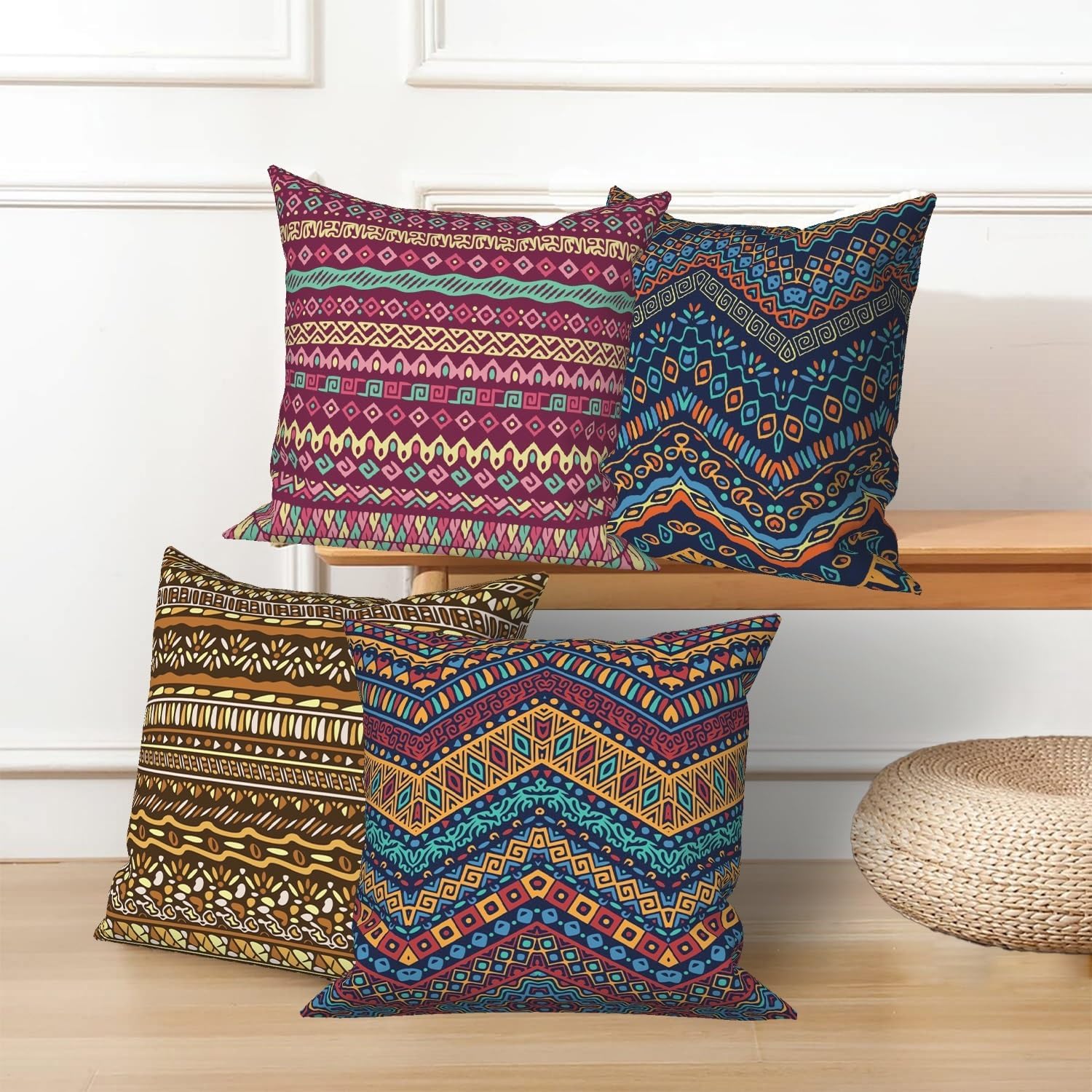 4 Pcs/Set Geometric Pillow Covers Boho Abstract Strips Patchwork Color Geometric Ethnic Colorful Vintage Artwork Linen Throw Cushion Cases for Couch Sofa Bedroom Decorative, 22"x22"