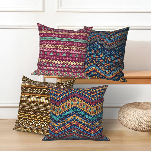 4 Pcs/Set Geometric Pillow Covers Boho Abstract Strips Patchwork Color Geometric Ethnic Colorful Vintage Artwork Linen Throw Cushion Cases for Couch Sofa Bedroom Decorative, 22"x22"