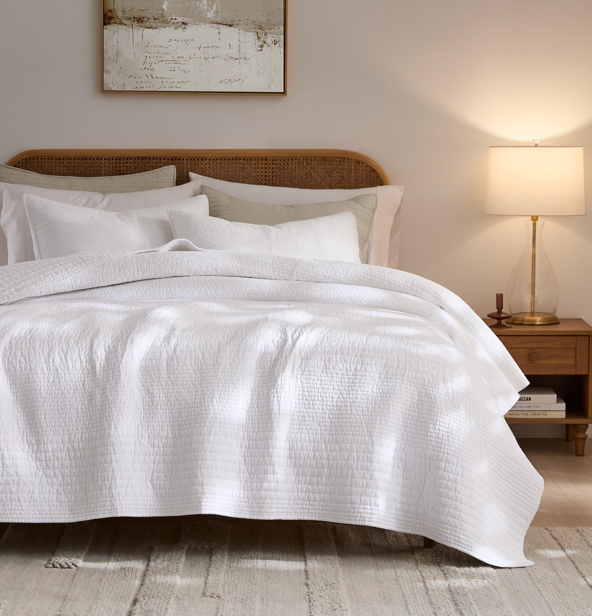 palassio Striped Blue Grey 100% Cotton Quilt King Size Bedding Sets, Lightweight Crinkly Channel Pick Stitch Textured Bedspread Soft Shabby Chic Farmhouse Country Coverlet for All Season, 2 Shams