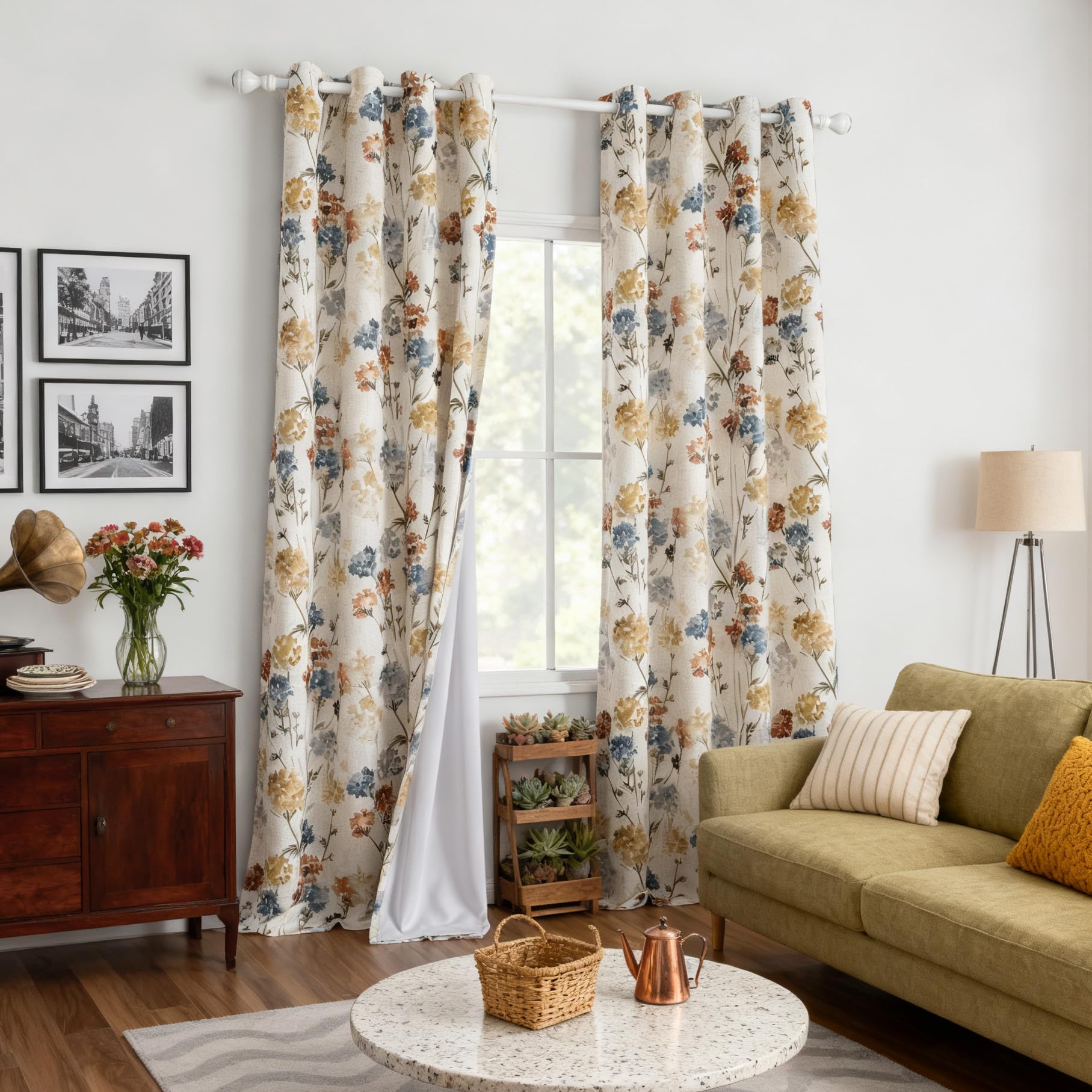 MYSKY HOME Floral Curtains for Living Room Linen Look Semi Sheer Vertical Light Filtering Privacy Drapes Decor Farmhouse Style Texture for Bedroom Dining Room, Brown, W52 x L84, Pack-2