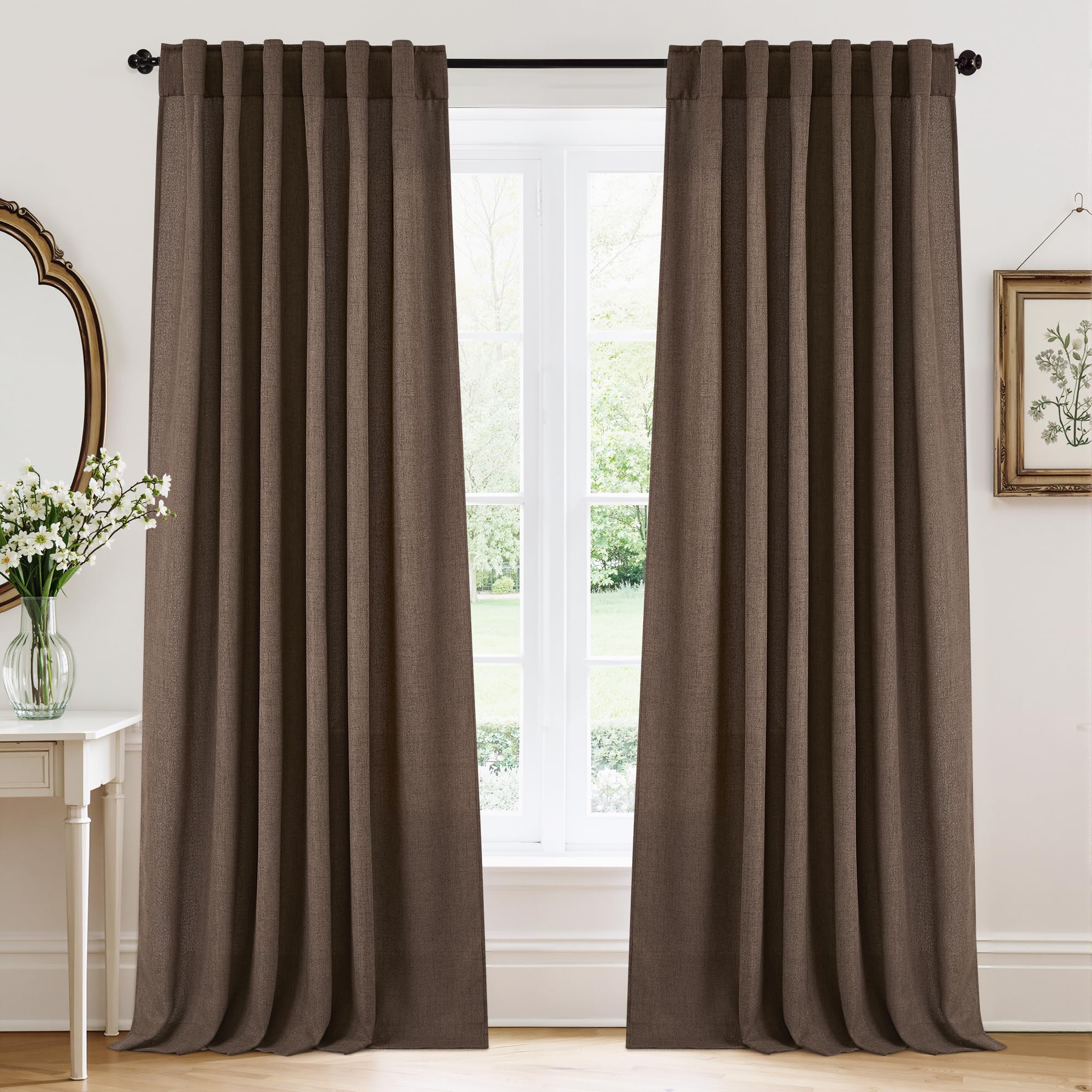 RYB HOME Semi Sheer Curtains - Linen Blend Privacy Curtains Sheer Window Treatment Drapes Farmhouse Decor for Bedroom Living Room Sliding Glass Door, 52 inch Wide x 95 inch Long 2 Panels, Linen
