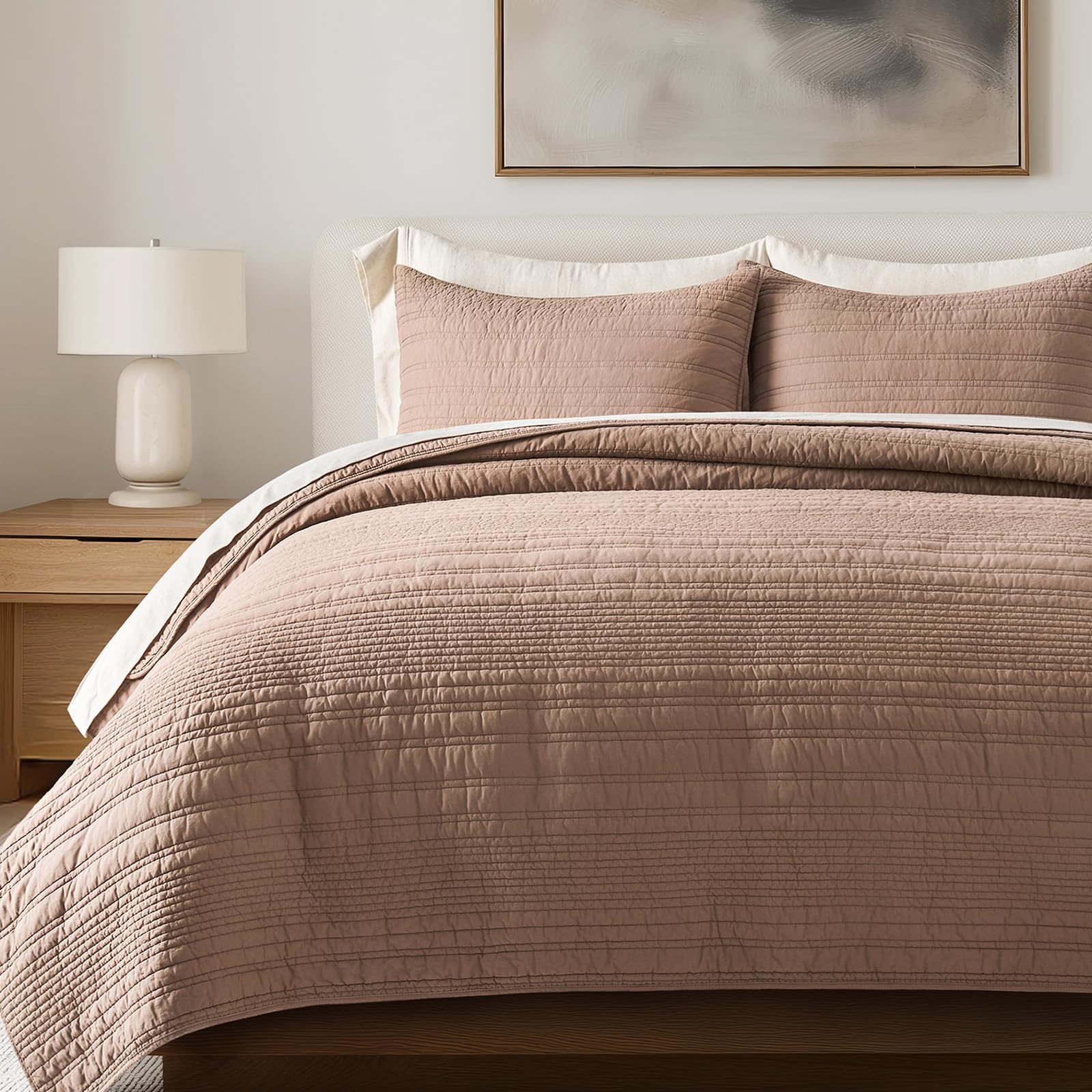 EVERGRACEHOME 100% Cotton Modern Lines Quilt Set Queen Size, Pre-Washed Soft Striped Coverlet Bedspread, 3 Piece Lightweight Bedding Set for All Season, with 2 Pillow Shams, Stone Taupe