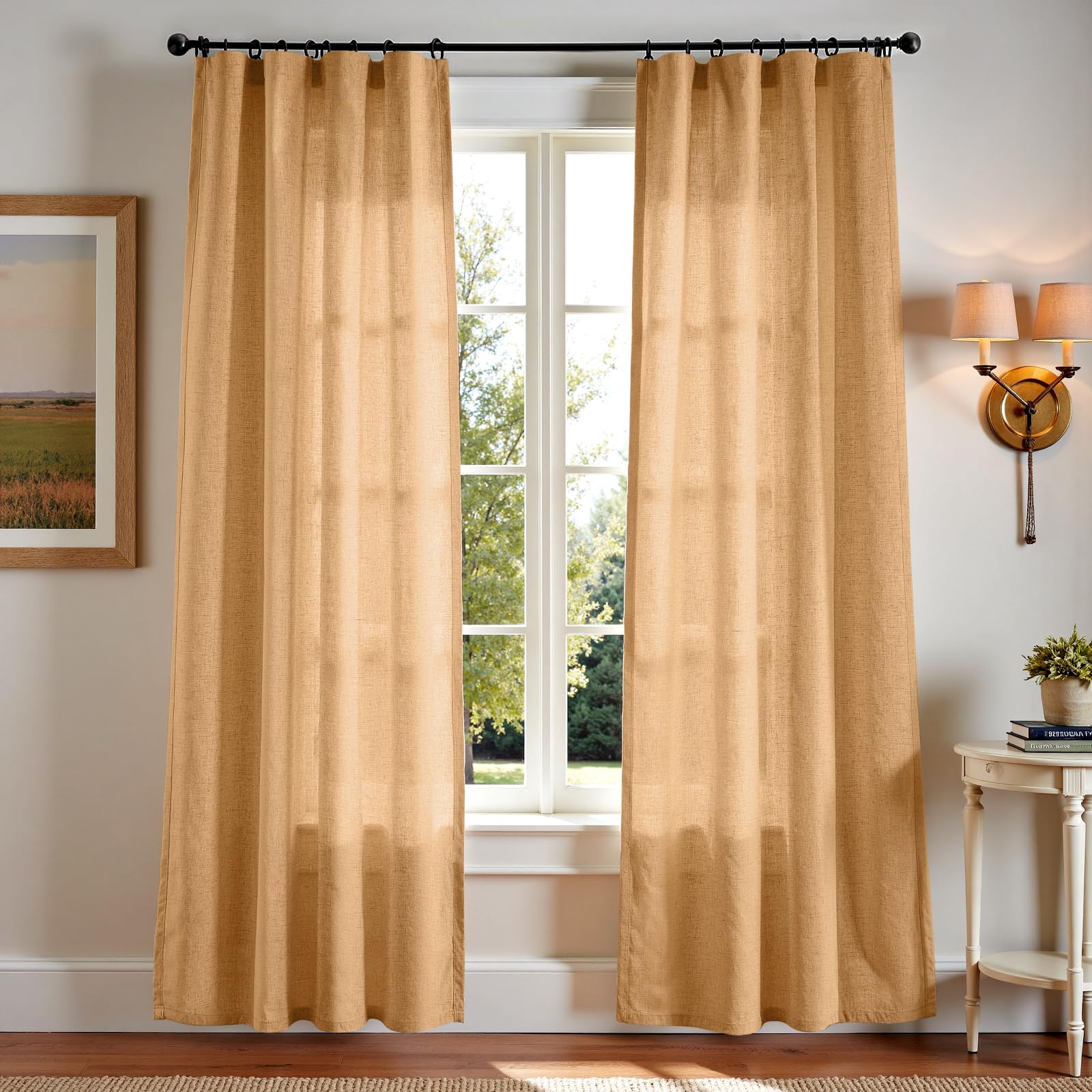 Linen Curtains for Living Room Bedroom 84 Inches Long Thick Linen Textured Beige Curtains Light Filtering Natural Semi Sheer Farmhouse Window Drapes, Country Rustic Drapes 2 Panels Back Tab/Rod Pocket