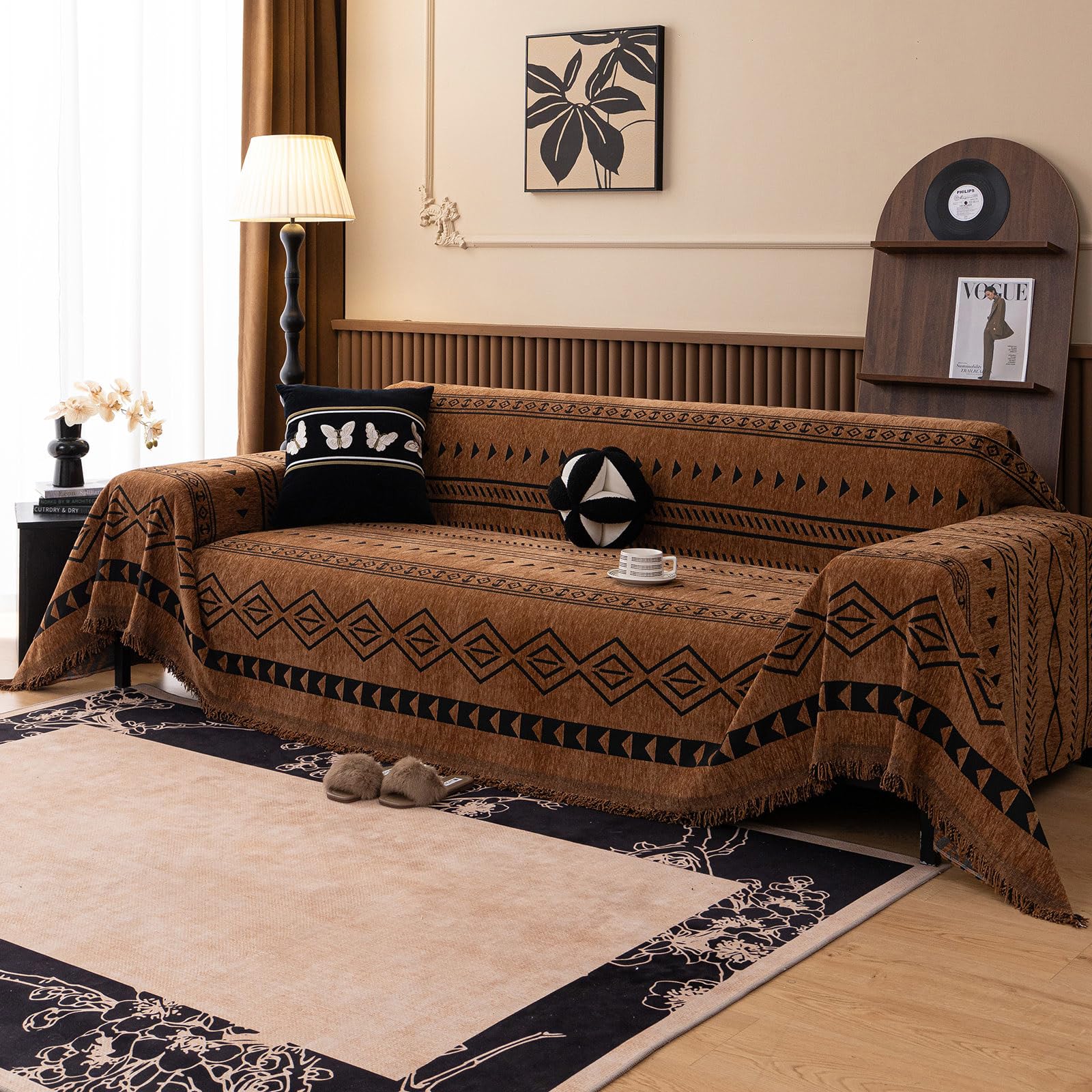 VClife Boho Couch Cover Blue Geometric Jacquard Pattern Sofa Cover, 1 Piece Large Couch Covers for 3 Cushion Couch Sofa Washable Plush Chenille Sofa Protector for Living Room, 71x134 Inch
