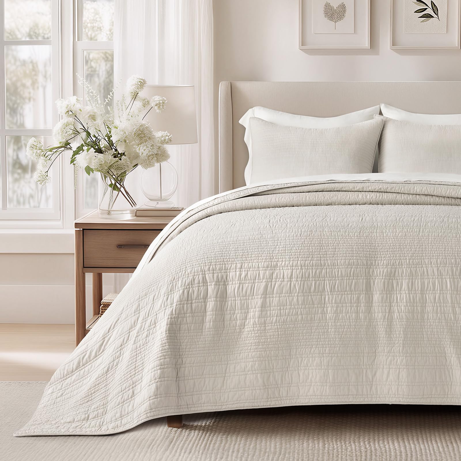 EVERGRACEHOME 100% Cotton Modern Lines Quilt Set Queen Size, Pre-Washed Soft Striped Coverlet Bedspread, 3 Piece Lightweight Bedding Set for All Season, with 2 Pillow Shams, Stone Taupe