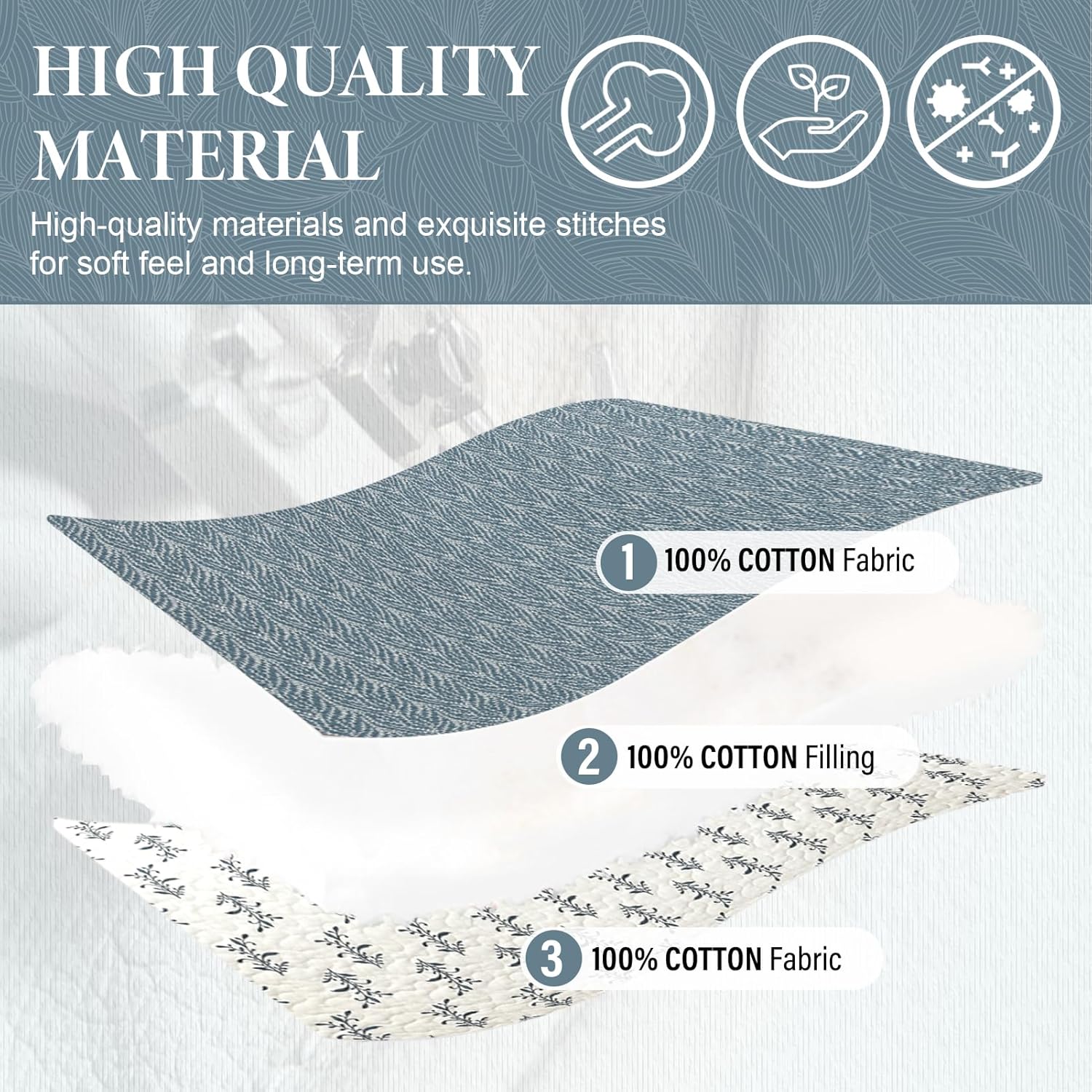 SahSahCasa Quilt Set Queen Size, 100% Cotton Quilt Bedding Set Bedspread, Botanical Pattern Solid Color Chic Lightweight Quilted Comforter for Queen Bed, White/Grayish-Blue, All Season, 3 Pieces