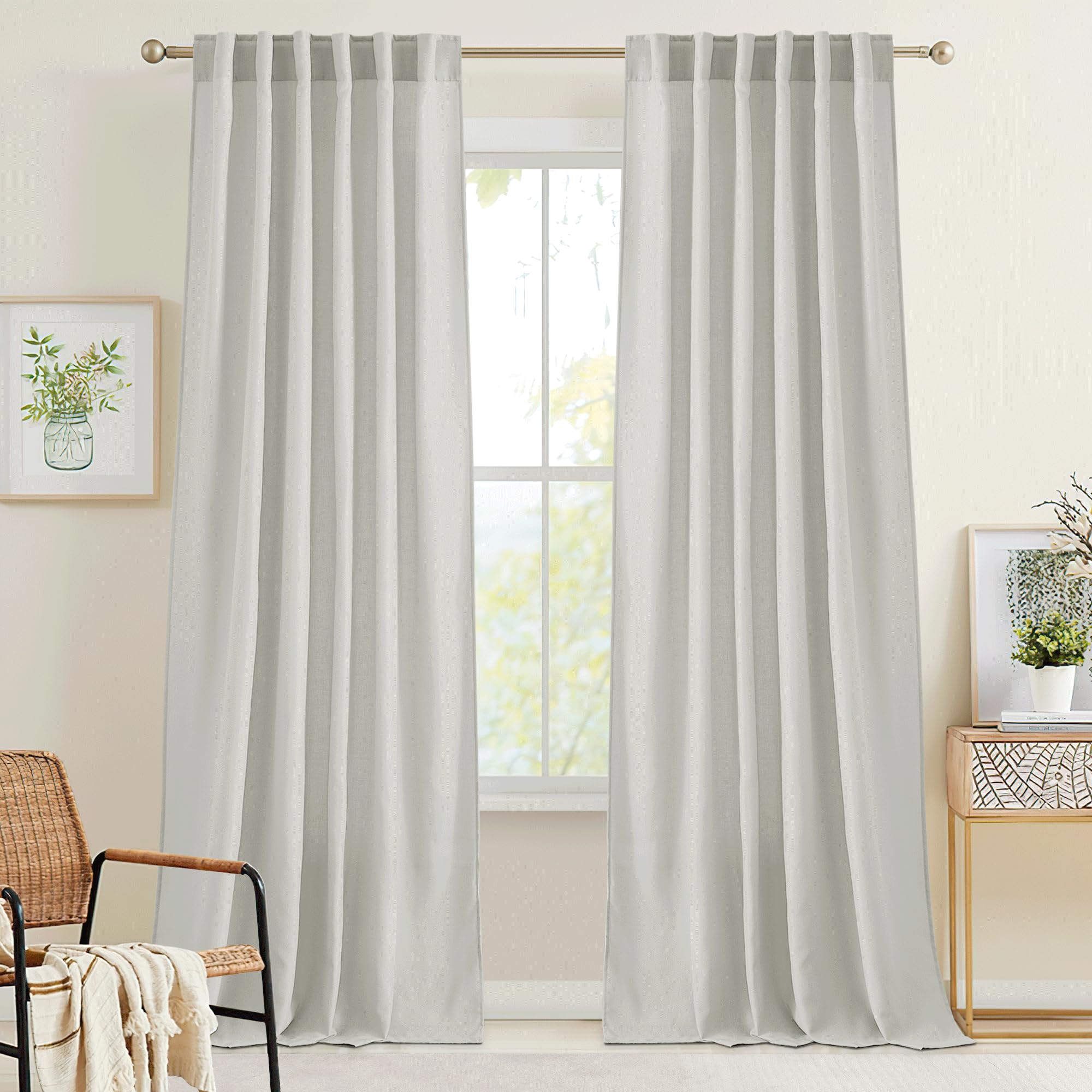 RYB HOME Semi Sheer Curtains - Linen Blend Privacy Curtains Sheer Window Treatment Drapes Farmhouse Decor for Bedroom Living Room Sliding Glass Door, 52 inch Wide x 95 inch Long 2 Panels, Linen