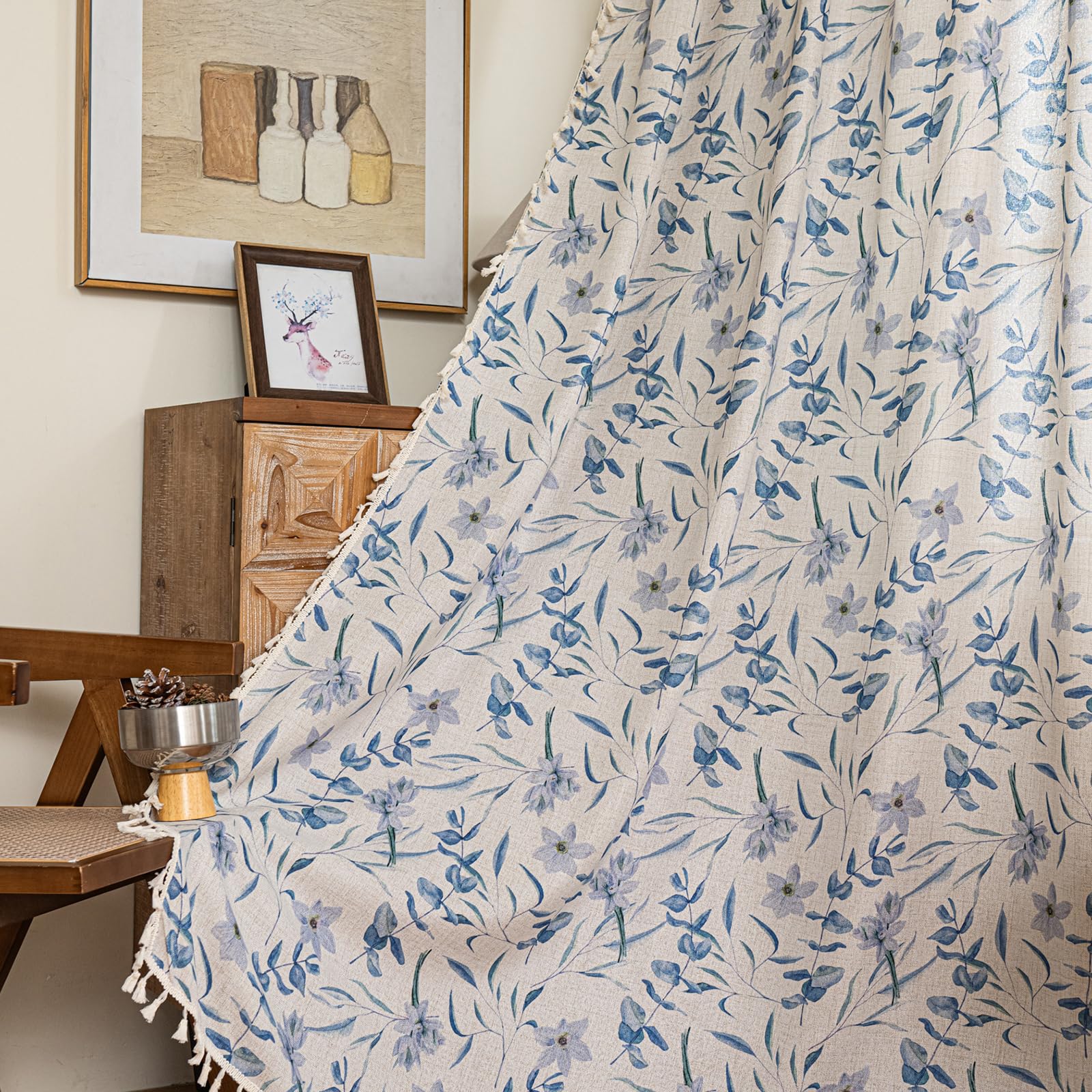 Green Boho Floral Curtains 84", 2 Panels Cotton Linen Semi-Blackout Drapes with Tassel