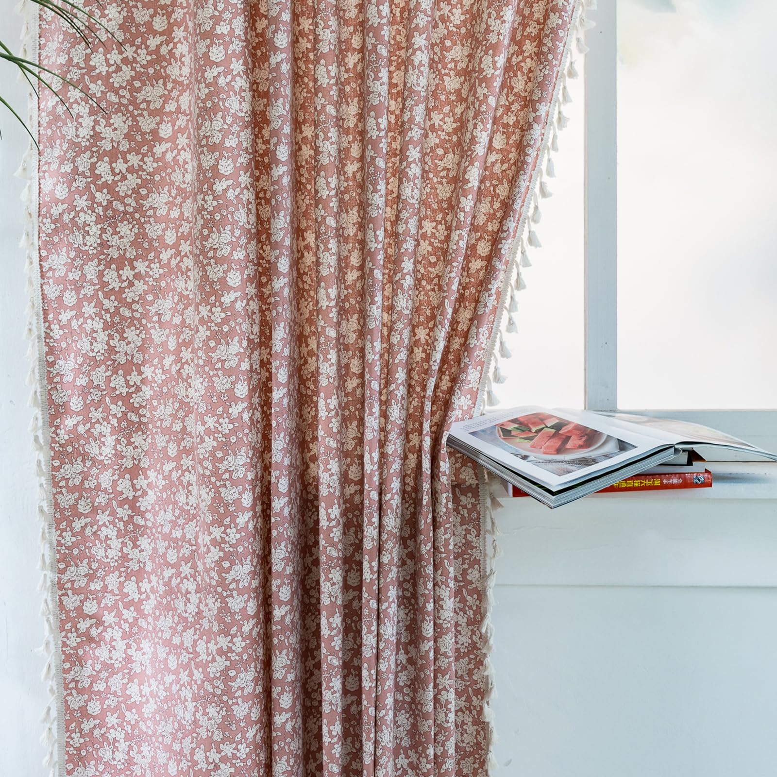 Green Boho Floral Curtains 84", 2 Panels Cotton Linen Semi-Blackout Drapes with Tassel