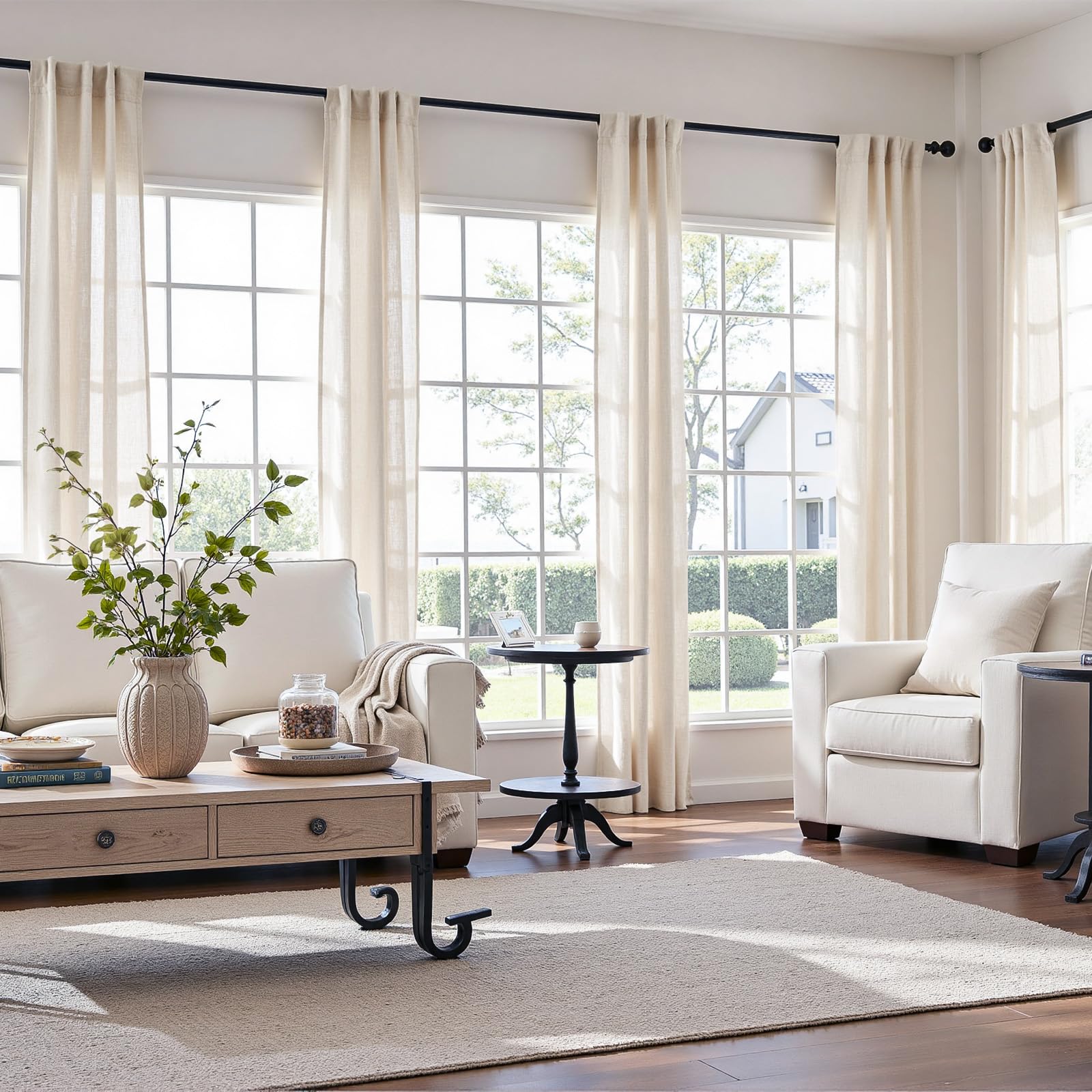 Linen Curtains for Living Room Bedroom 84 Inches Long Thick Linen Textured Beige Curtains Light Filtering Natural Semi Sheer Farmhouse Window Drapes, Country Rustic Drapes 2 Panels Back Tab/Rod Pocket