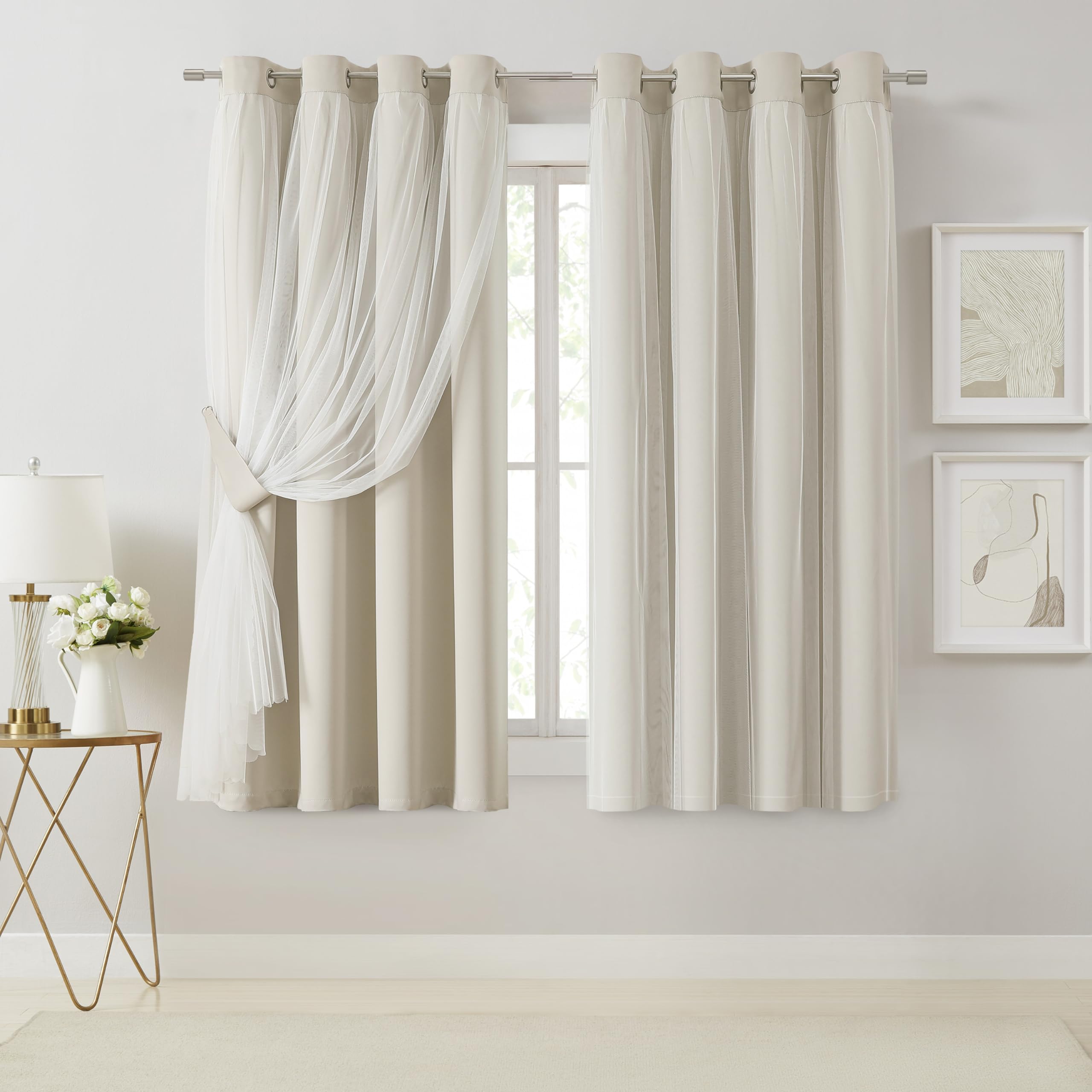 Bujasso Beige 90% Blackout Curtains with Sheer Overlay Mix and Match Double Layer Thermal Insulated Window Panels 84 inch for Living Room Bedroom Beige Drapes with Tiebacks Grommet Top 37" Wx84 Lx2