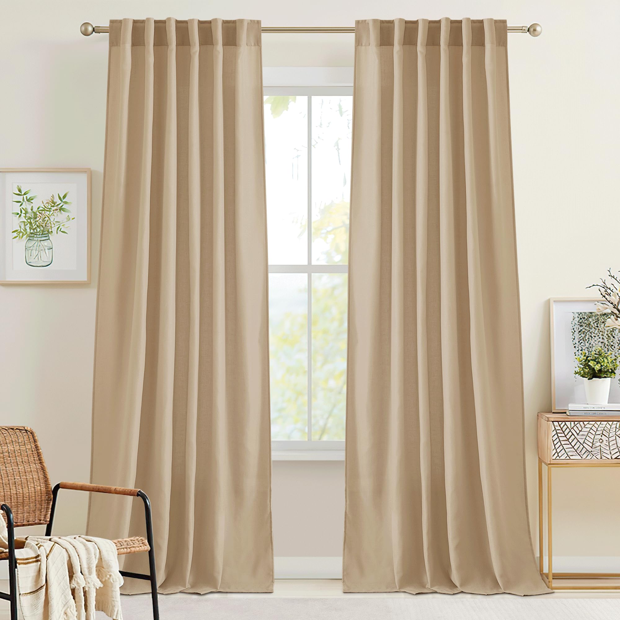 RYB HOME Semi Sheer Curtains - Linen Blend Privacy Curtains Sheer Window Treatment Drapes Farmhouse Decor for Bedroom Living Room Sliding Glass Door, 52 inch Wide x 95 inch Long 2 Panels, Linen