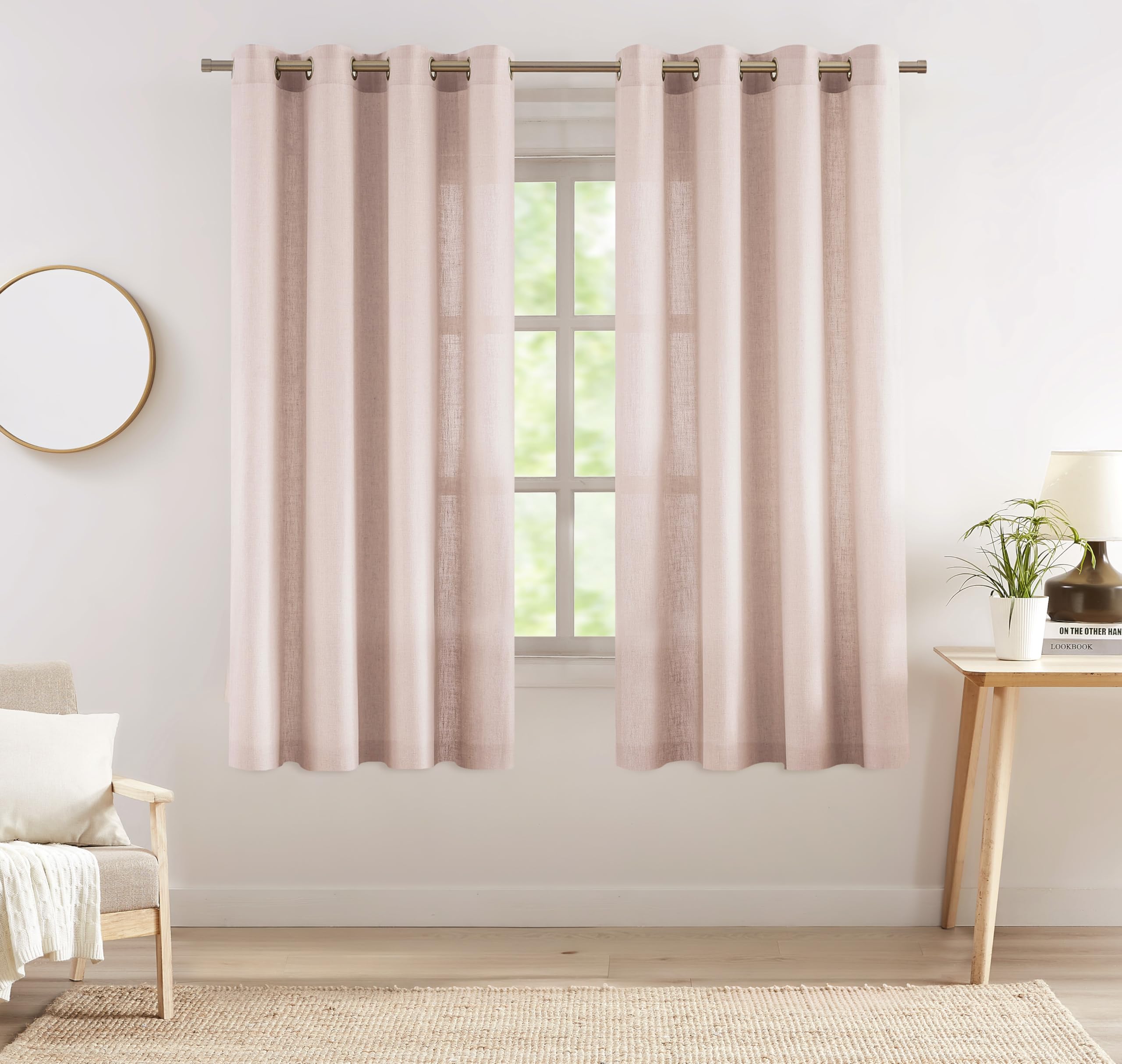 2 Panels Soft Green Linen Blend Sheer Curtains 58"x95", Grommet Light Filtering Drapes