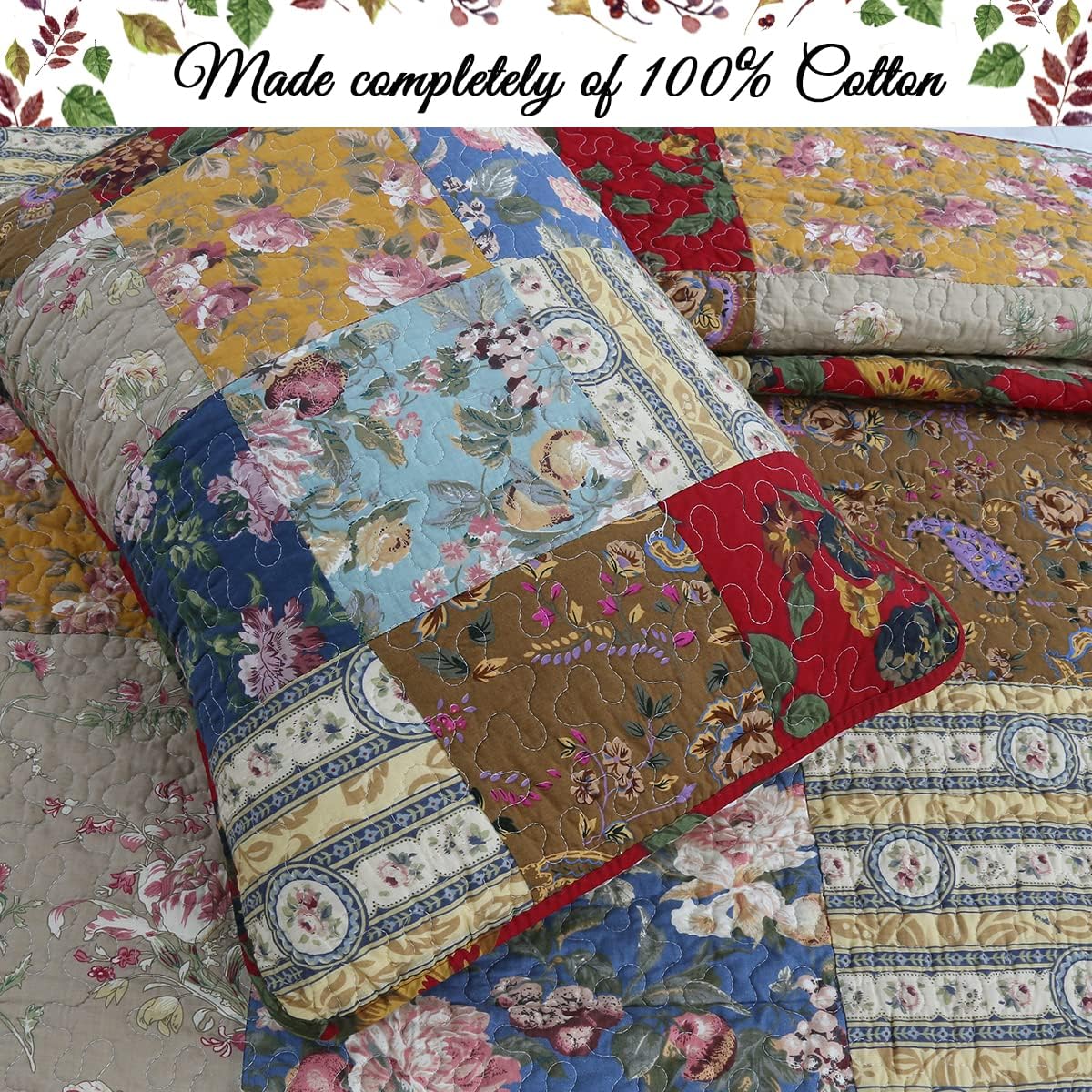Khaki Red Farmhouse Patchwork Quilt Set, Queen Size 3-Piece Reversible Cotton Bedding