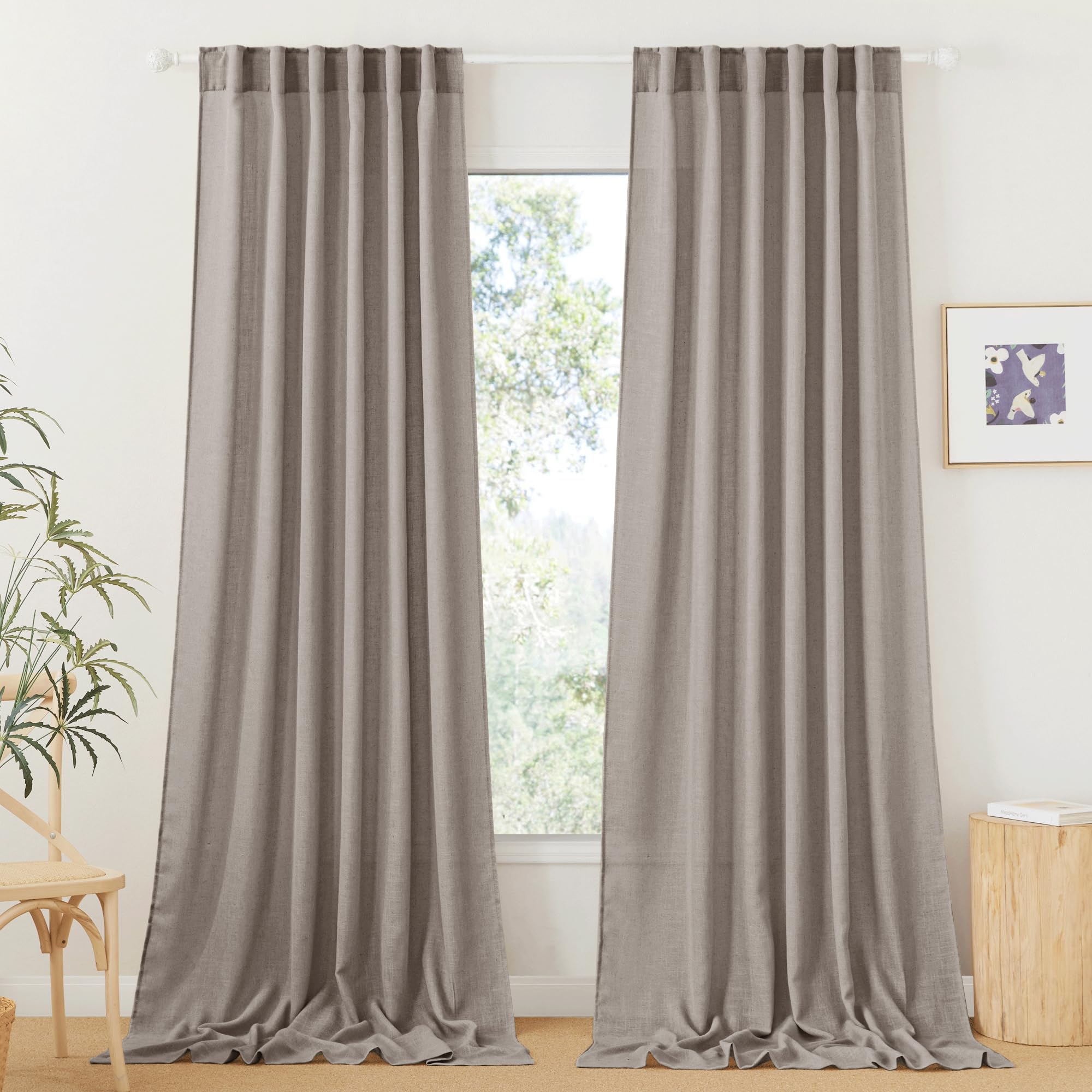 RYB HOME Semi Sheer Curtains - Linen Blend Privacy Curtains Sheer Window Treatment Drapes Farmhouse Decor for Bedroom Living Room Sliding Glass Door, 52 inch Wide x 95 inch Long 2 Panels, Linen
