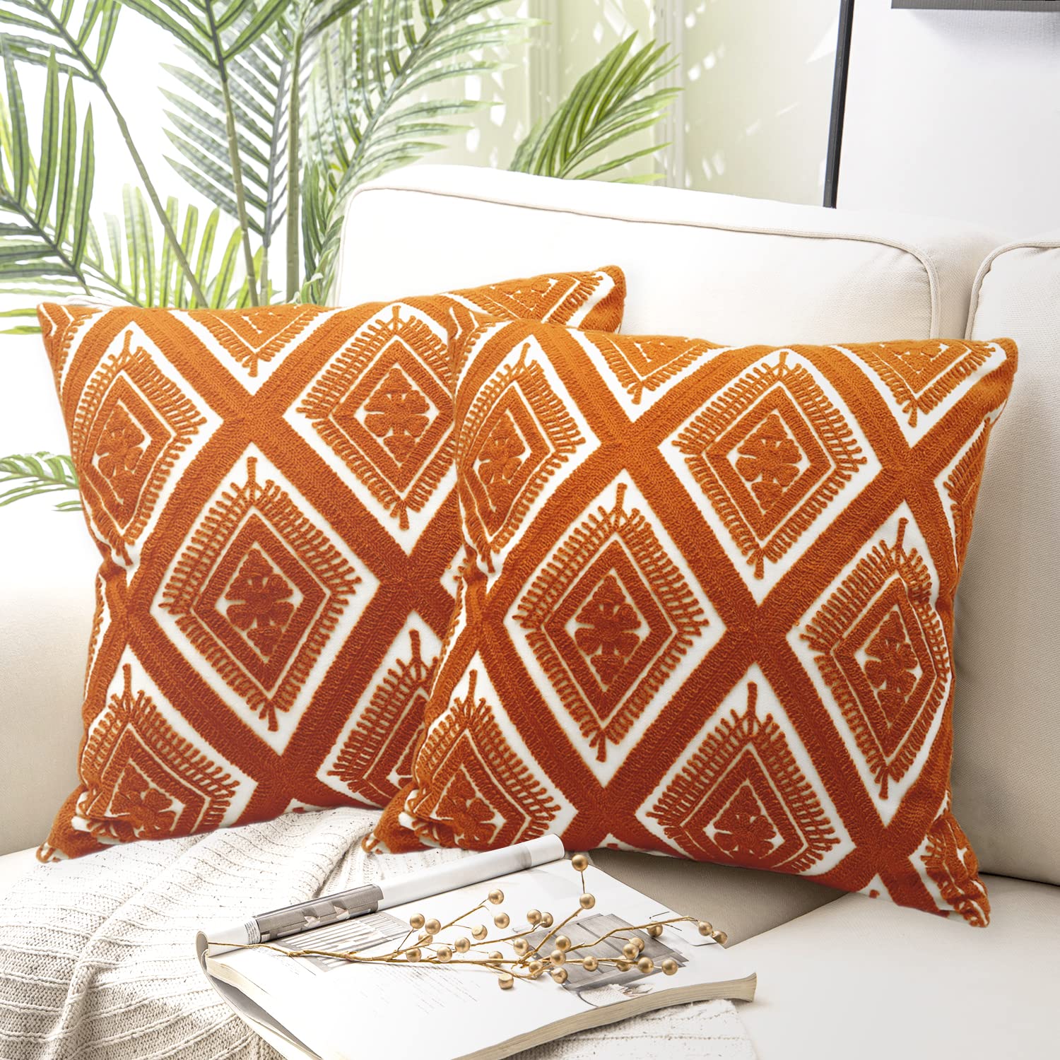 Navy Blue Boho Geometric Pillow Covers 18x18", Set of 2 Embroidered Cotton Cushion Cases