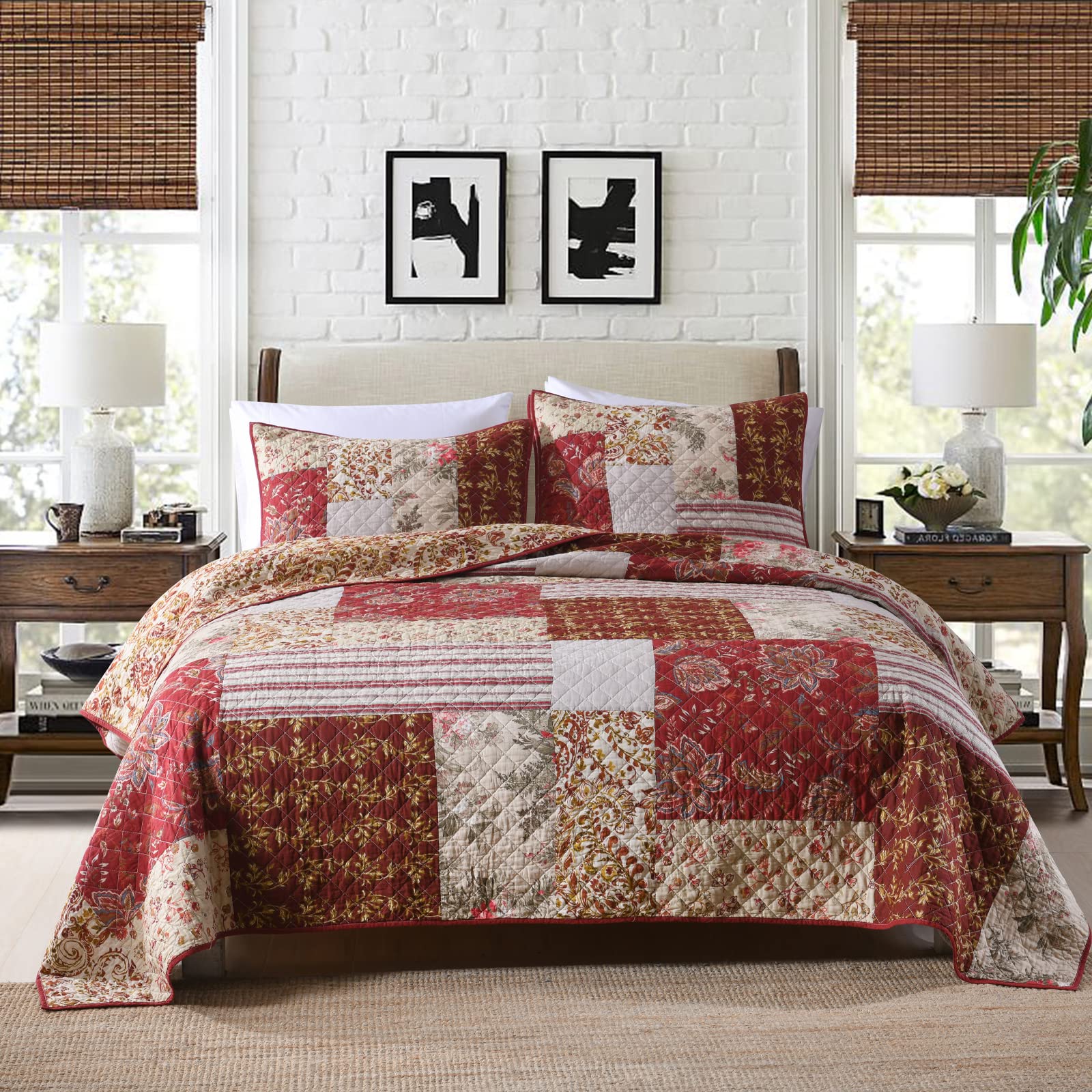Yvooxny Quilts Queen Size Reversible Lightweight Bedspread 3-Piece Quilt Set Plaid Floral Patchwork 100% Cotton Queen Quilt Set Bedding Set with Pillow Shams for All Seasons, Azure Blue, 90x98''