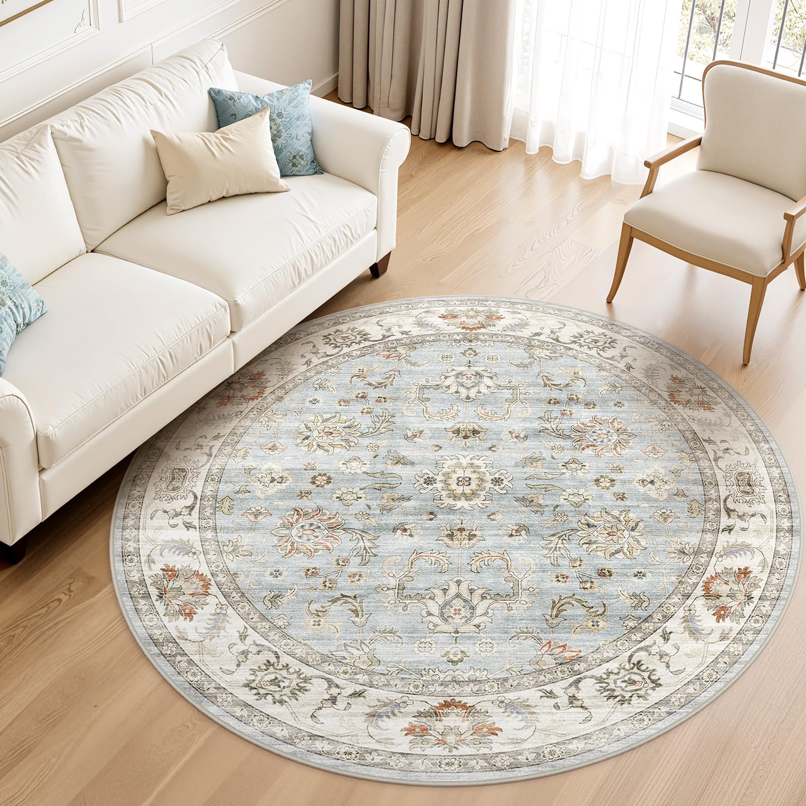 WITSHOCK 10x14 Area Rugs Living Room: Washable Large Neutral Vintage Soft Rug Stain Resistant Non-Slip Farmhouse Indoor Low Pile Floor Carpet for Bedroom Nursery Kids Office- Light Blue