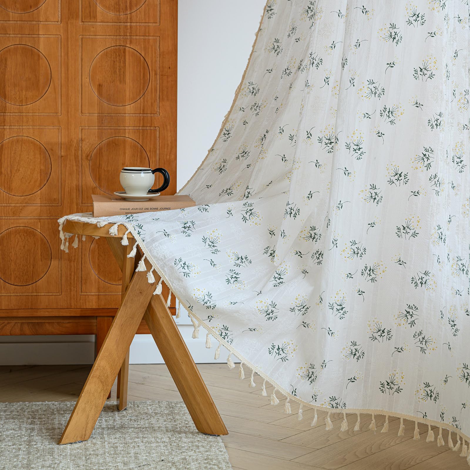 Green Boho Floral Curtains 84", 2 Panels Cotton Linen Semi-Blackout Drapes with Tassel