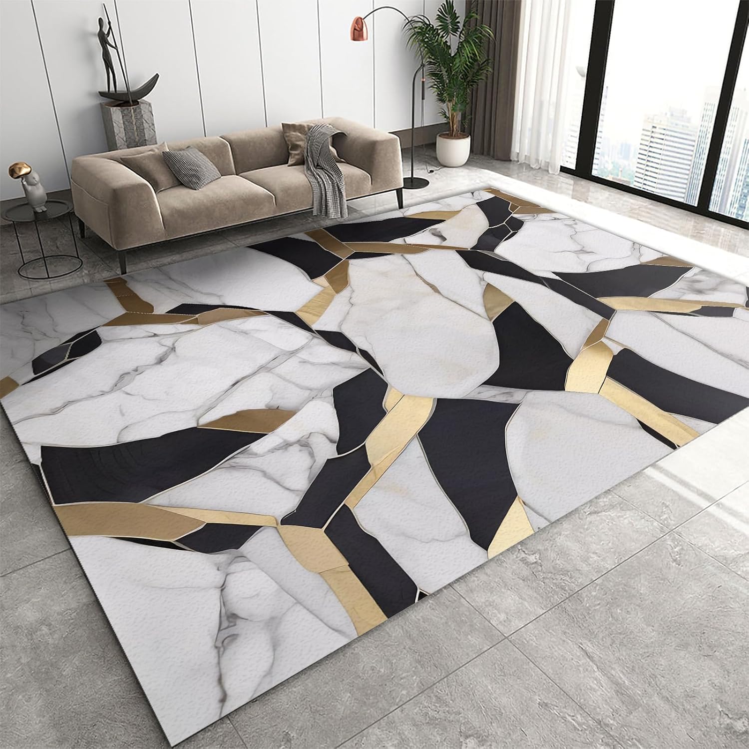 3x5 Rug Minimalist Light Luxury Washable Rugs, Nordic Marble Irregular Geometry Bedroom Rugs with Non Slip Backing for Bedroom Hotel Hardwood Floors Garage Farmhouse